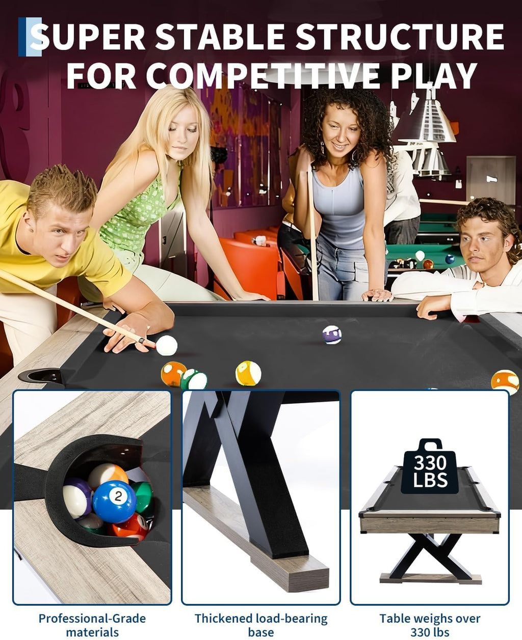 7 ft Pool Table Set, 84in Bar-Size Billiard Table w/Metal Support