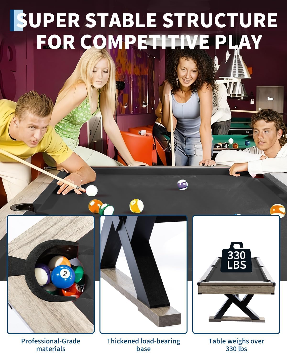 7 ft Pool Table Set, 84in Bar-Size Billiard Table w/Metal Support