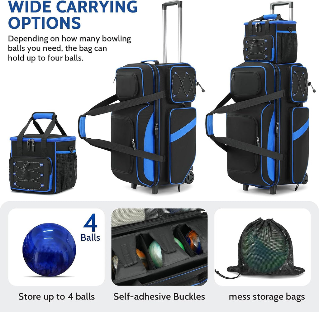 3-4 Ball Bowling Bag with Wheels, Bowling Roller with Add-on Tote Set