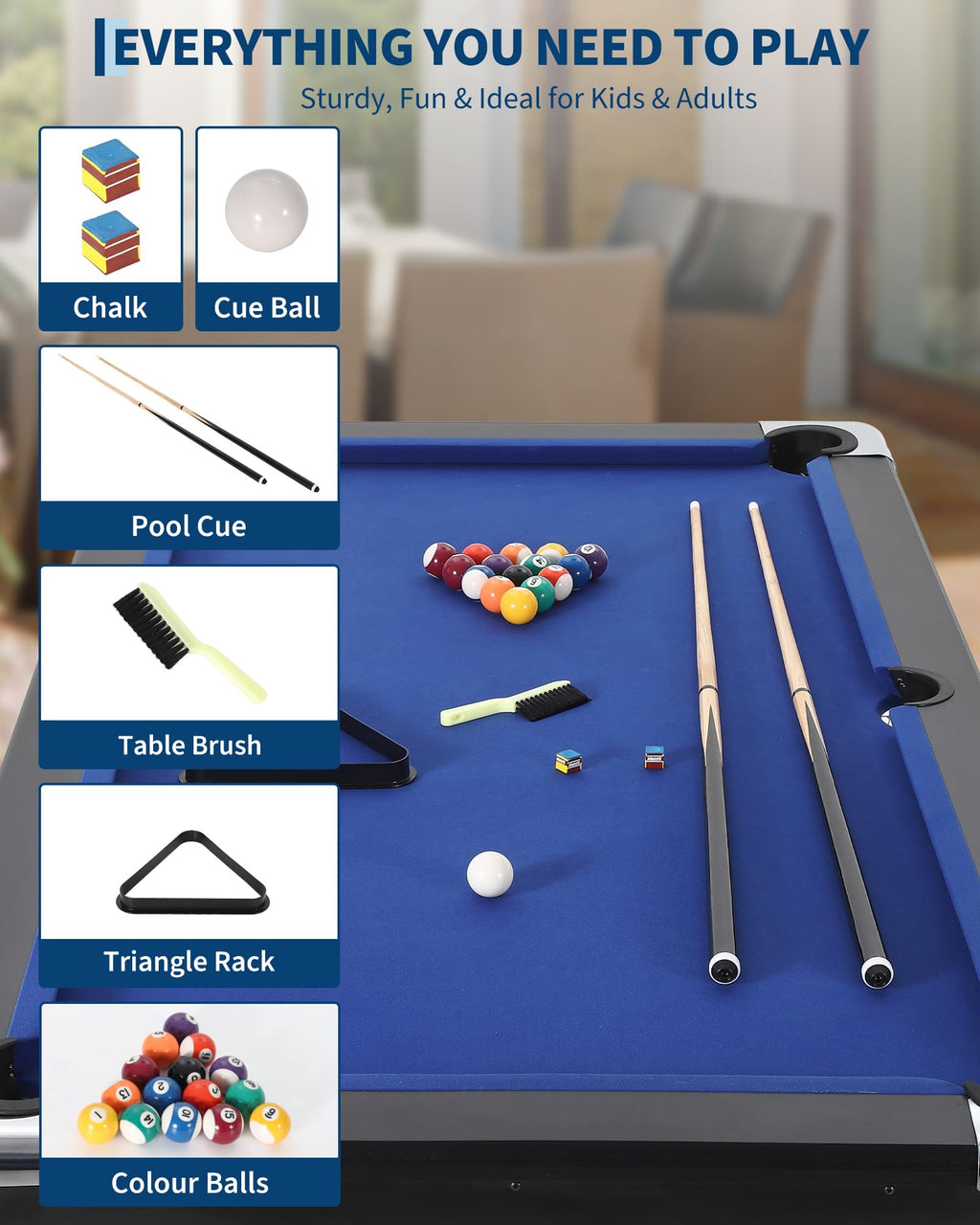6,7 Foot Foldable Pool Table, Portable Billiards Table for Adults with Full Accessories Set, Mesa De Billar Includes 16 Balls, 2 Cue Sticks, Chalk, Rack & Brush, Game Room Table for Home