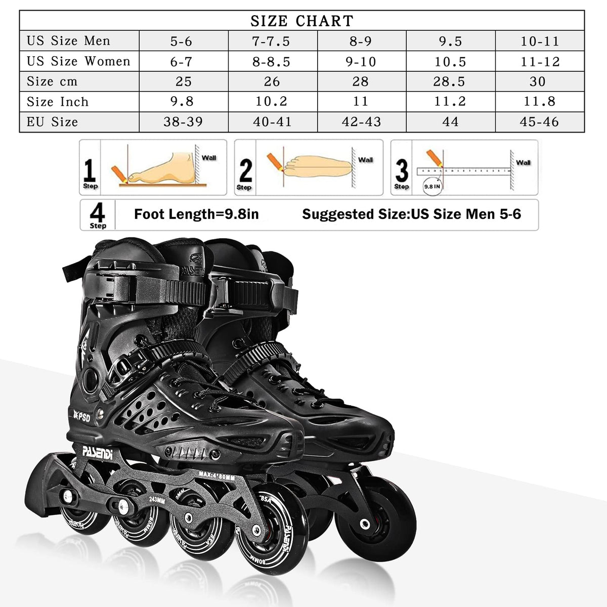 Professional 4X80Mm Wheels Inline Skates,Outdoor Fitness Single Row Skates for Adult Women Men,Removable and Washable Split Inner Boots, Black Adult Male.