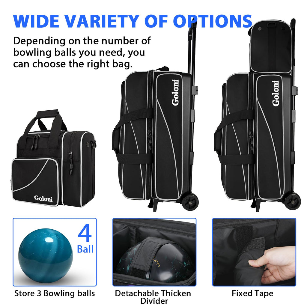 Goloni 3 Ball Bowling Bag with Wheels, Rolling Bowling Roller Bag with Retractable Handle for Balls & Bowling Accessories