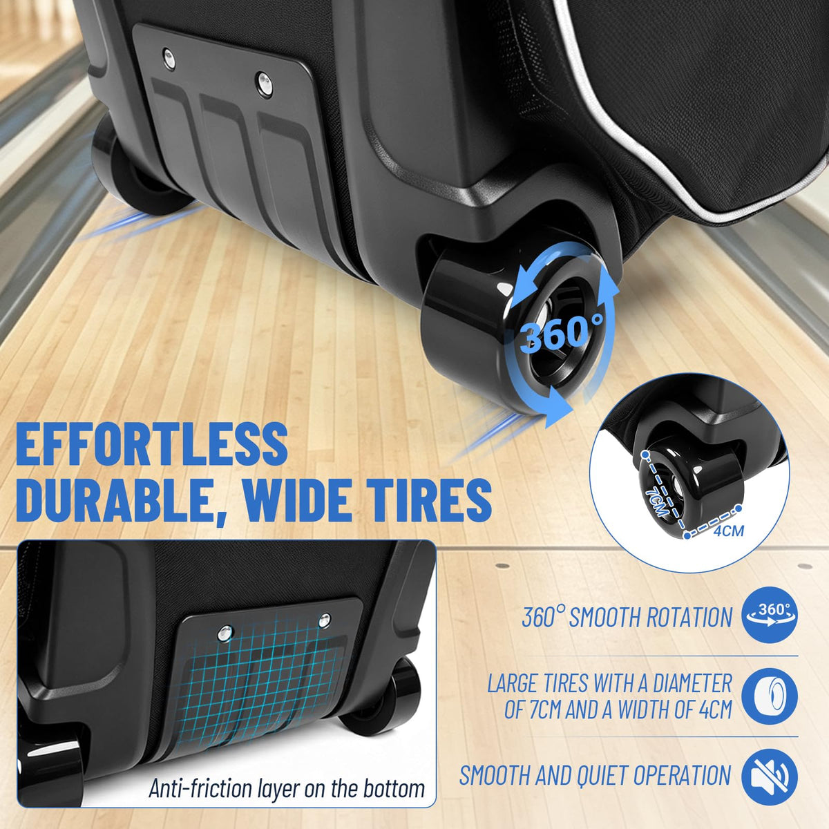 3 Ball Bowling Bag with Wheels,Bowling Bag 2 Ball Roller +1 Ball Tote,Large Sturdy Wheels,Dry & Wet Separation Shoe Compartment,1680D Waterproof Oxford,Retractable Handle,Includes Bowling Ball Towel