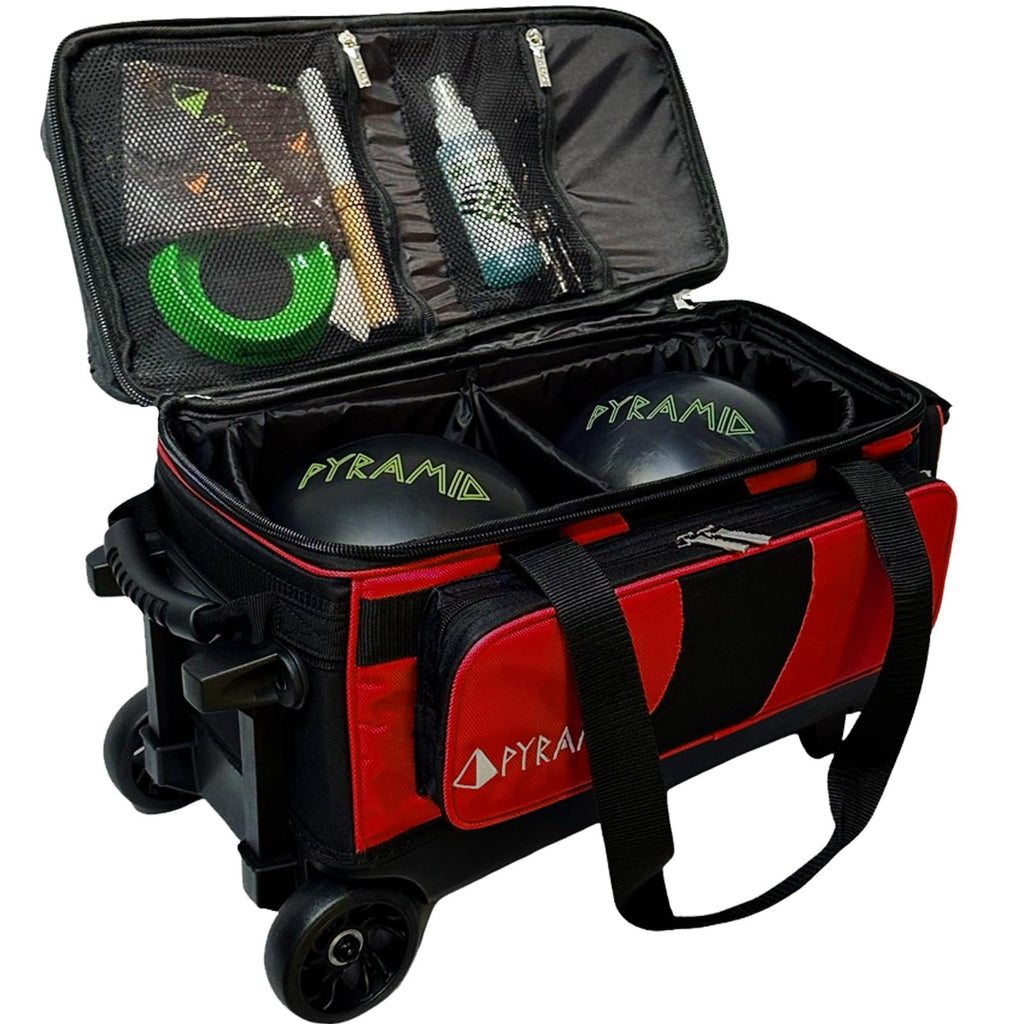 Pyramid Deluxe Double Roller 2 Ball Bowling Bag with Large Separate Shoe Compartment (Up To 2 Pairs Of Shoes) and Accessory Pockets, Sturdy Square Handle - Extends to 40" - Pro Options Available