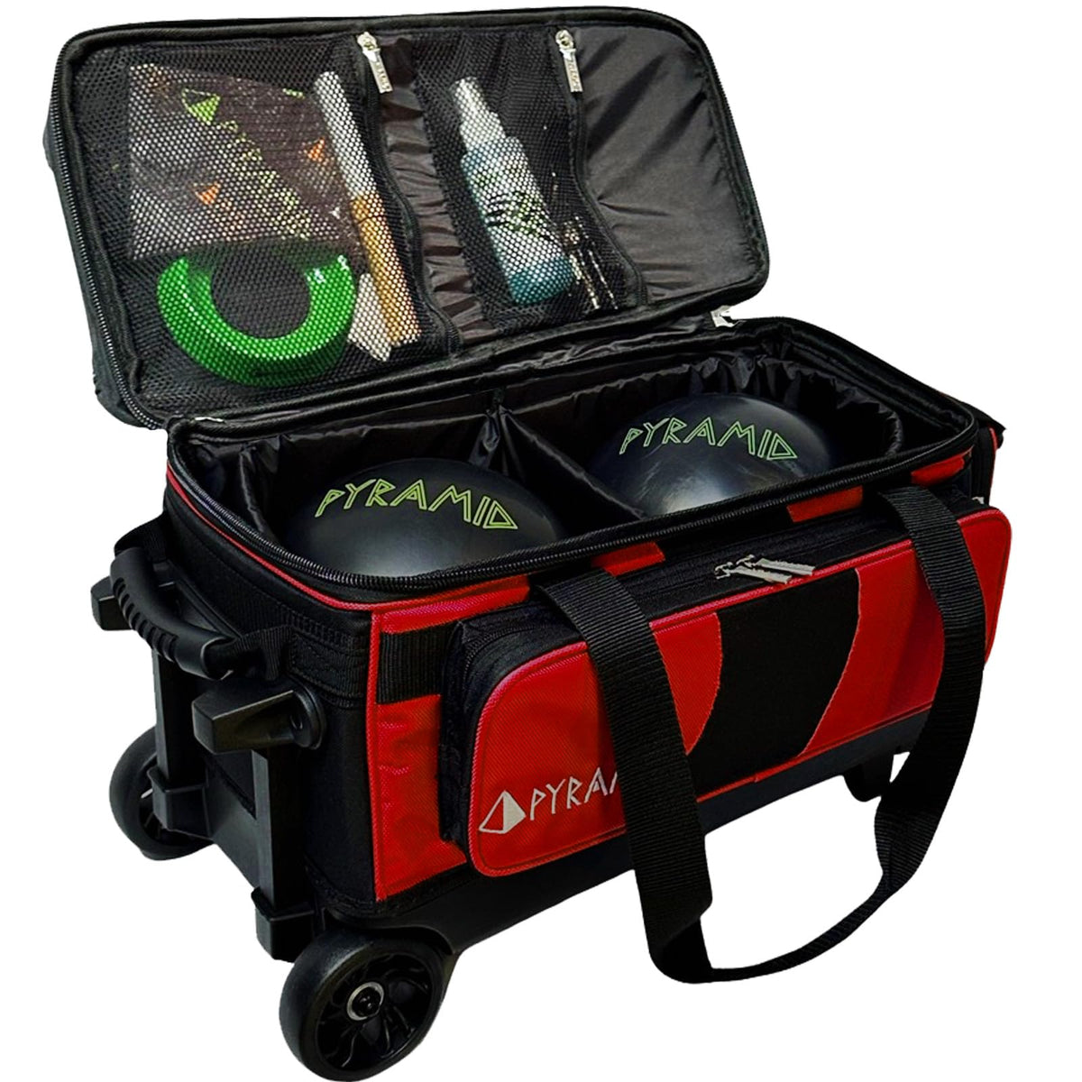 Pyramid Deluxe Double Roller 2 Ball Bowling Bag with Large Separate Shoe Compartment (Up To 2 Pairs Of Shoes) and Accessory Pockets, Sturdy Square Handle - Extends to 40" - Pro Options Available