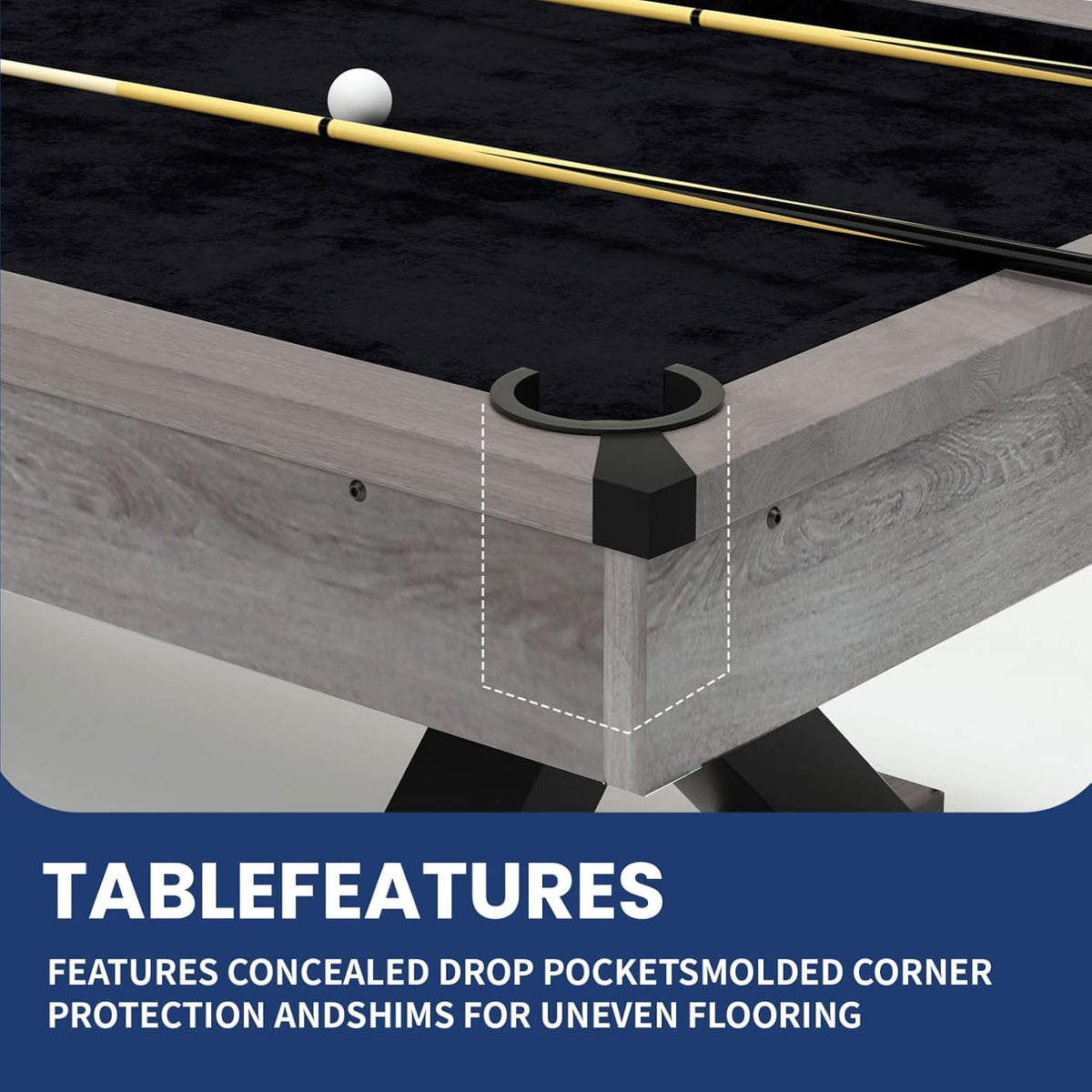 84" Rustic Grey Pool Table with X-Shaped Legs and Black Cloth â Includes Billiard Balls, Cues, and Accessories for Game Room & Home Entertainment (Grey Finish)