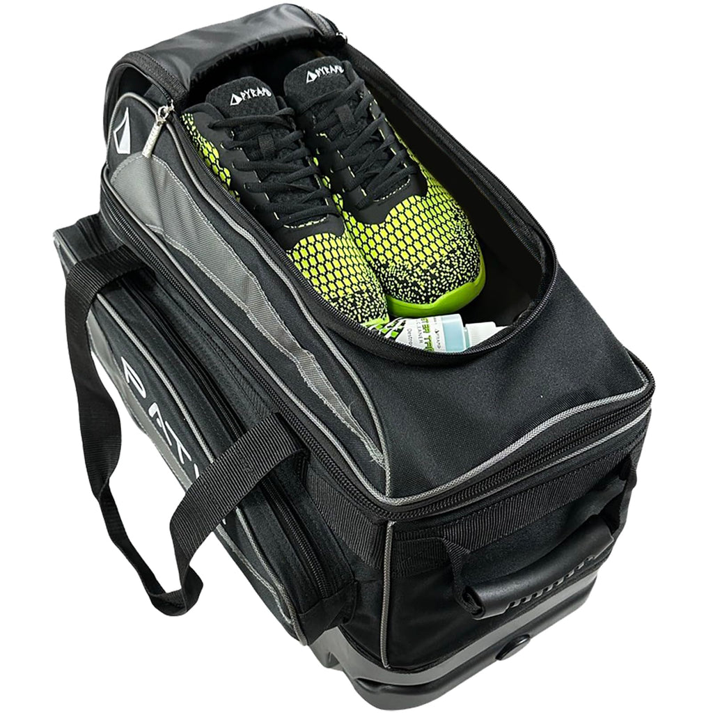 Pyramid Path Premium Deluxe 2 Ball Double Roller Bowling Bag With Large Separate Shoe Compartment (Up To US Mens Size 15) and Oversized Accessory Pocket, Retractable Locking Handle - Extends to 37"