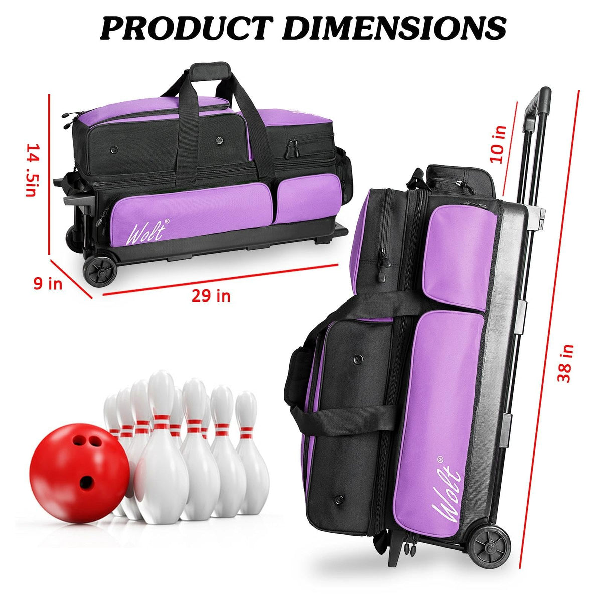 WOLT 3 Ball Bowling Bags with Wheels,Retractable Handle Extends to 38ââ