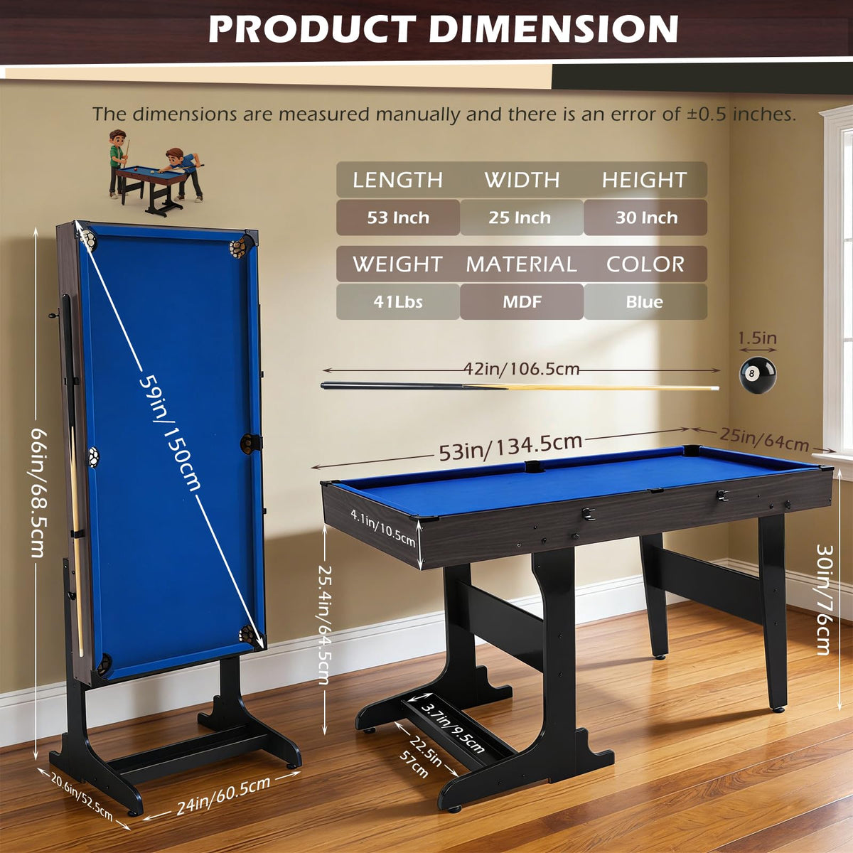 53 Inch Folding Pool Table with Built-in Ball Storage and Cue Clips, Freestanding Billiard Game Table Set for Family Game Room, Includes Cues, Balls, Chalk and Brush