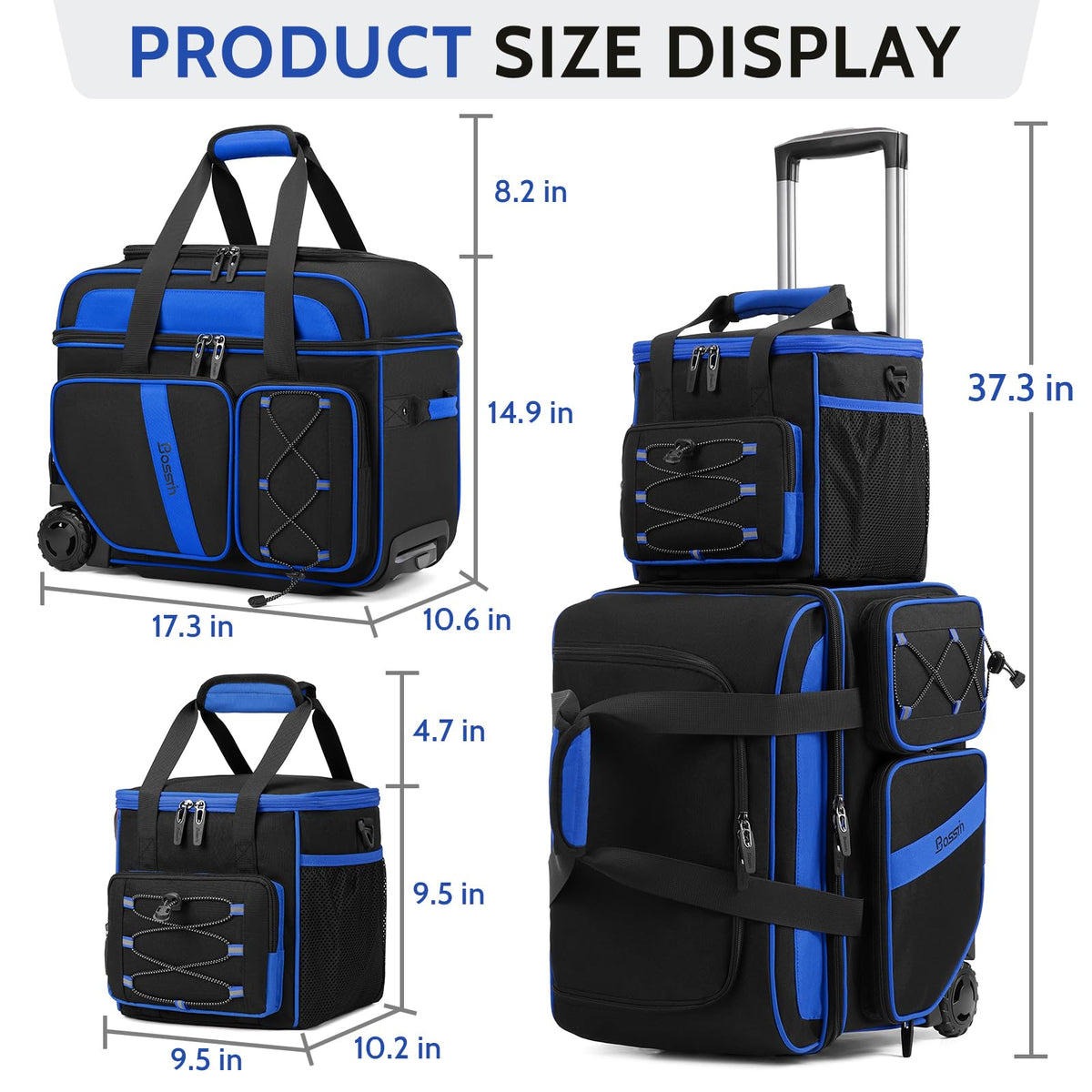 BOSSTIN 3 Ball Bowling Bag with Wheels, 2 Ball Roller with Add-on Tote