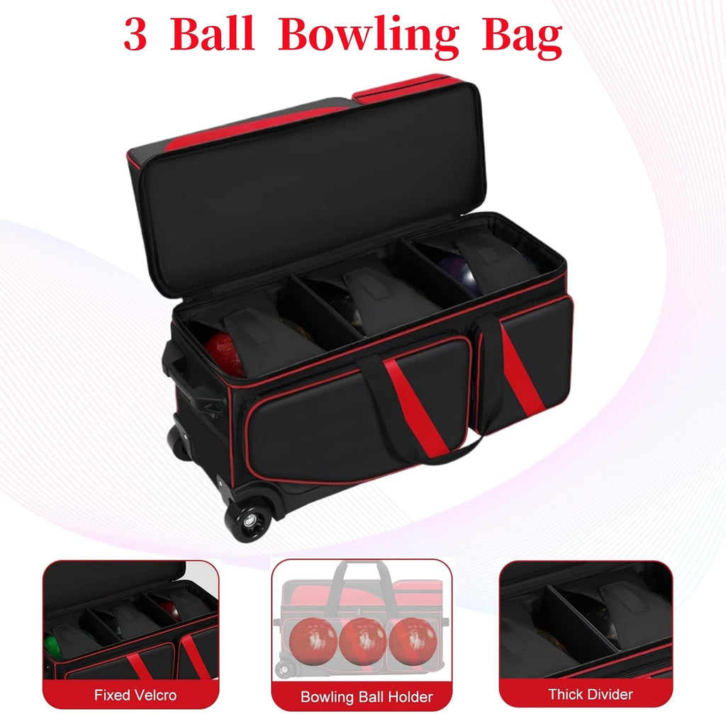3 Ball Bowling Bags With Wheels,Bowling Bags 3 Ball Roller With Shoes Compartment And Multiple Pockets,3 Ball Bowling Bag has Retractable Handle Extends to 41.5 in