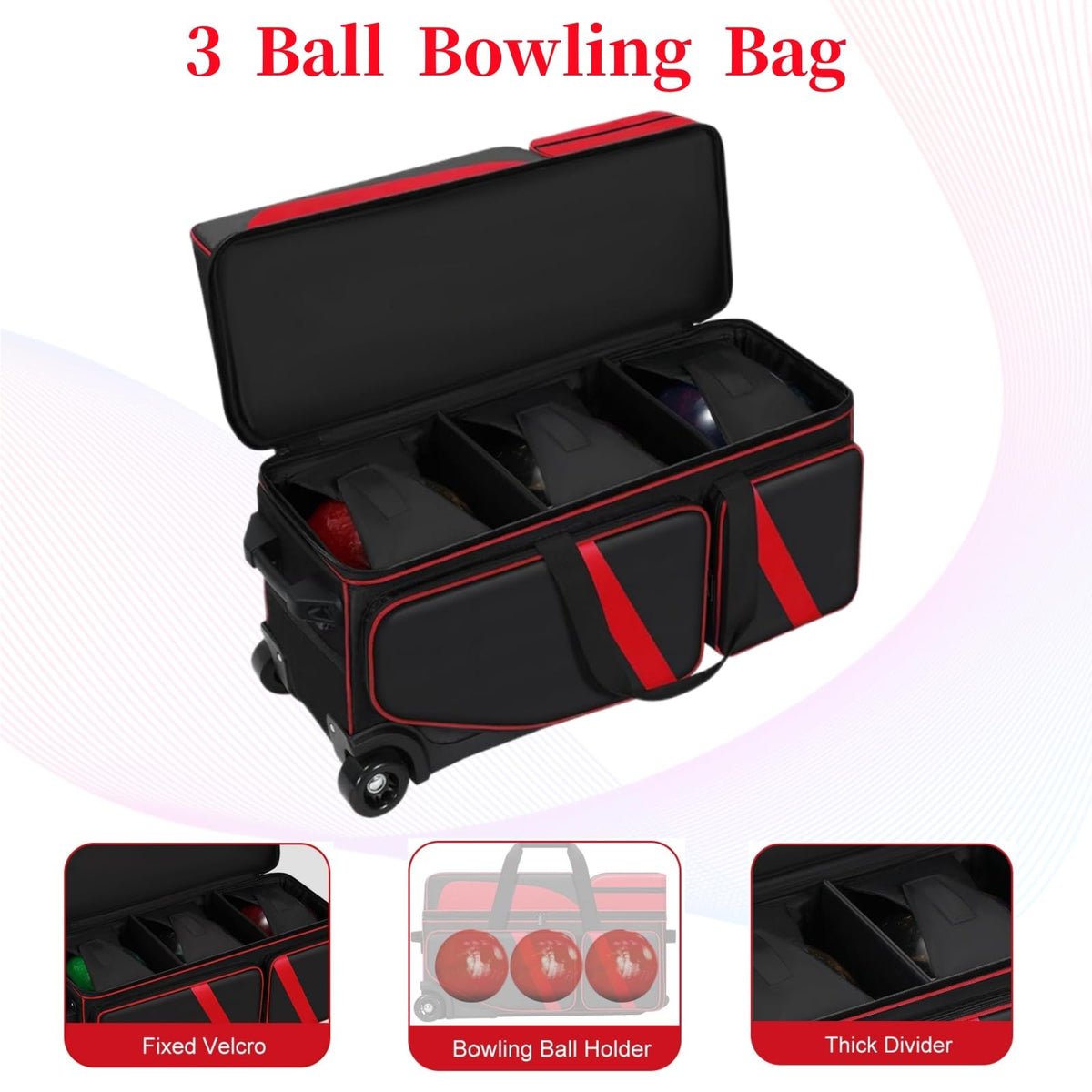 3 Ball Bowling Bags With Wheels,Bowling Bags 3 Ball Roller With Shoes Compartment And Multiple Pockets,3 Ball Bowling Bag has Retractable Handle Extends to 41.5 in