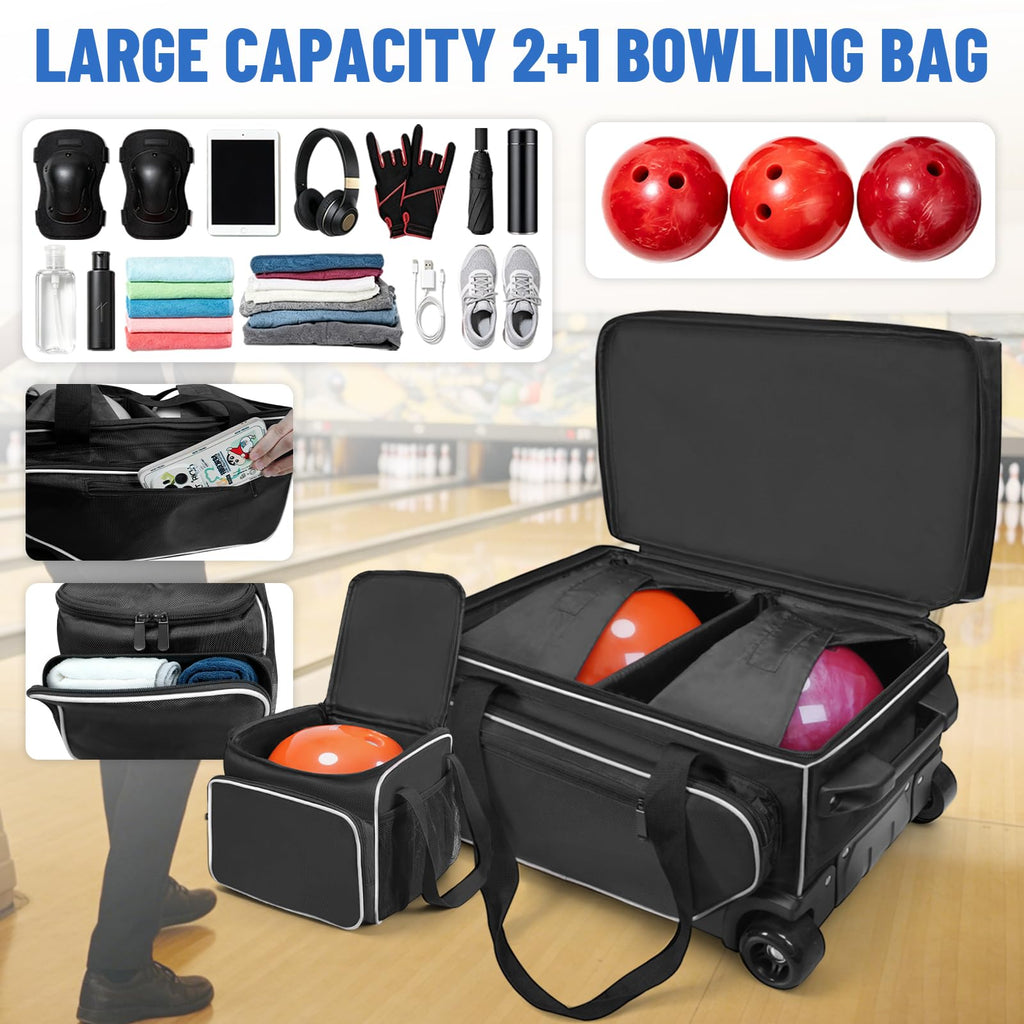 3 Ball Bowling Bag with Wheels,Bowling Bag 2 Ball Roller +1 Ball Tote,Large Sturdy Wheels,Dry & Wet Separation Shoe Compartment,1680D Waterproof Oxford,Retractable Handle,Includes Bowling Ball Towel