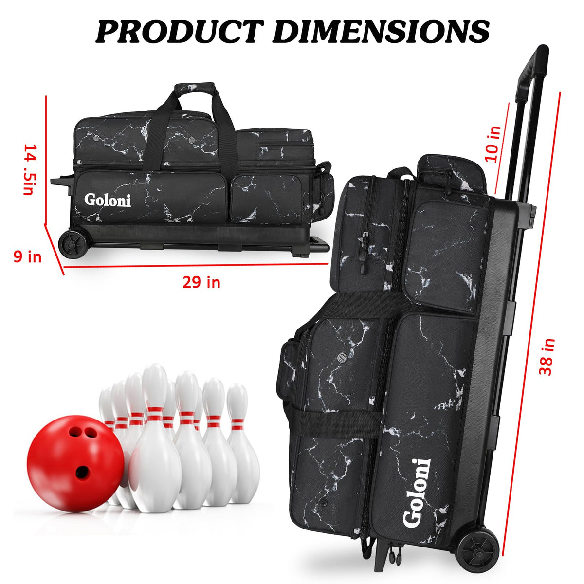 Goloni 3 Ball Bowling Bags with Wheels,Rolling Bowling Ball Bag for 3 Bowling Balls & Bowling Accessories -Retractable Handle Extends to 38"