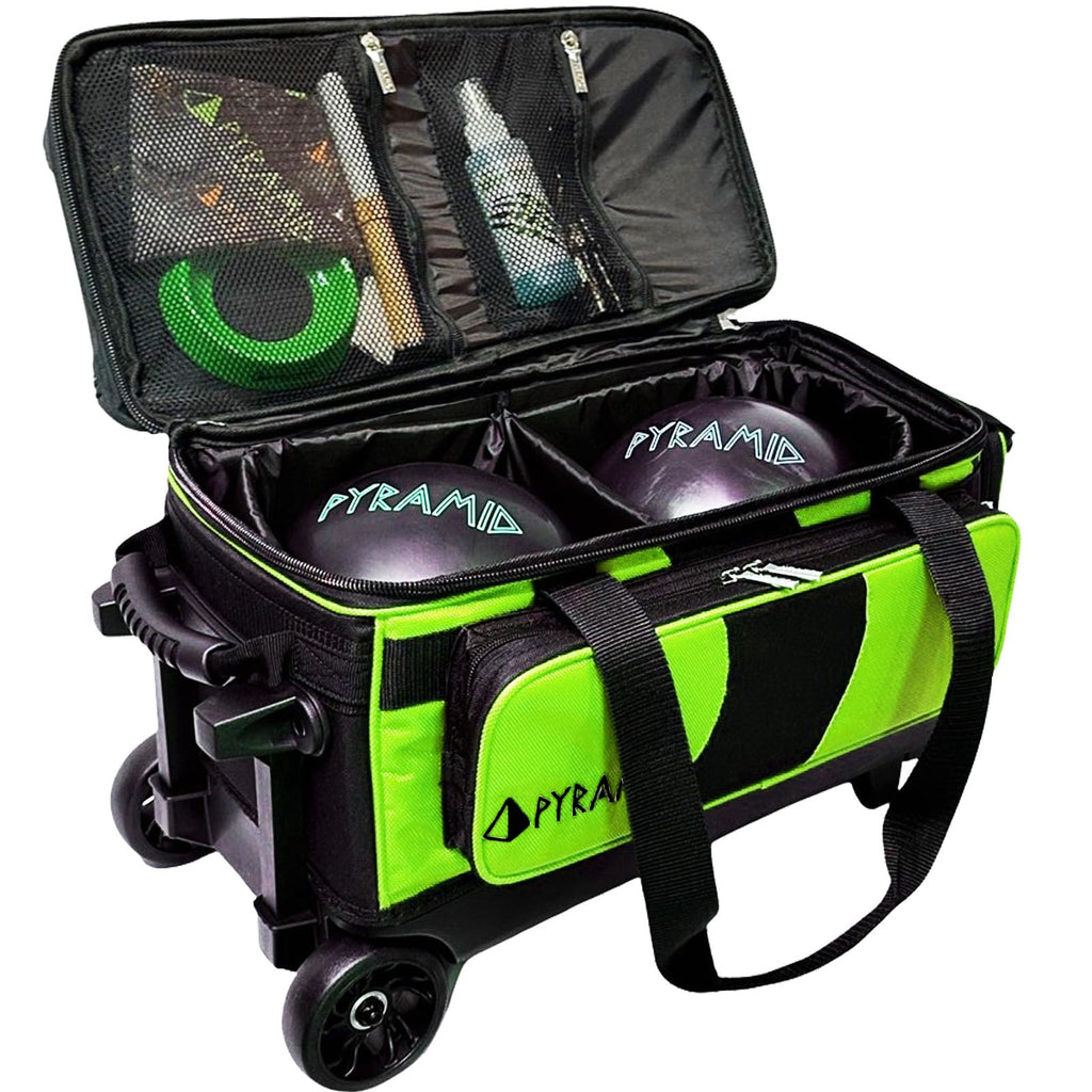 Pyramid Deluxe Double Roller 2 Ball Bowling Bag with Large Separate Shoe Compartment (Up To 2 Pairs Of Shoes) and Accessory Pockets, Sturdy Square Handle - Extends to 40" - Pro Options Available