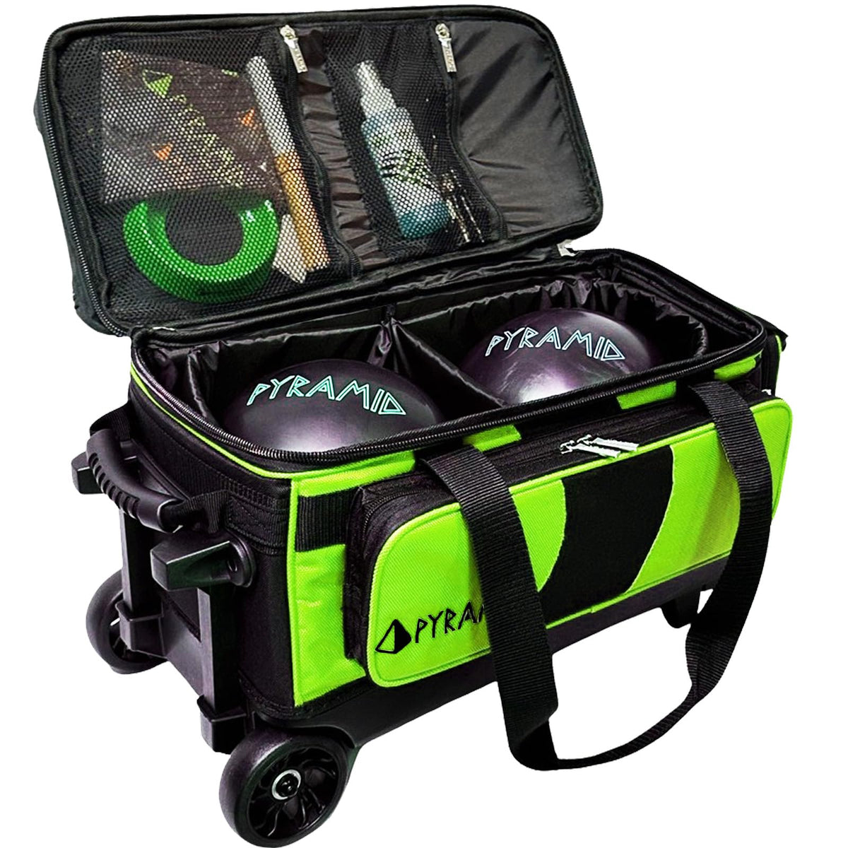 Pyramid Deluxe Double Roller 2 Ball Bowling Bag with Large Separate Shoe Compartment (Up To 2 Pairs Of Shoes) and Accessory Pockets, Sturdy Square Handle - Extends to 40" - Pro Options Available
