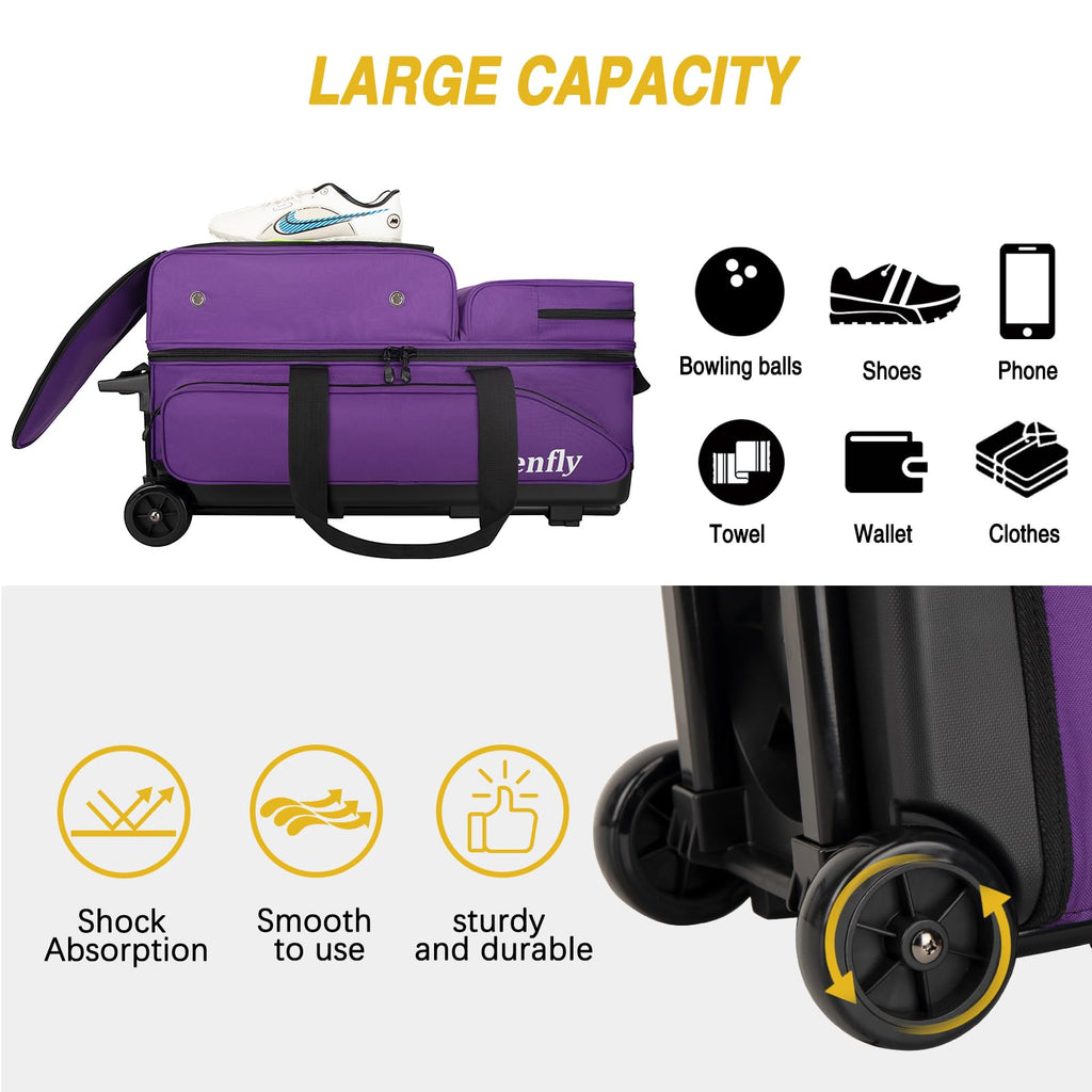 Triple Roller Bowling Bag with Wheels, Heavy Duty 3 Ball Bag for League & Recreational Bowlers