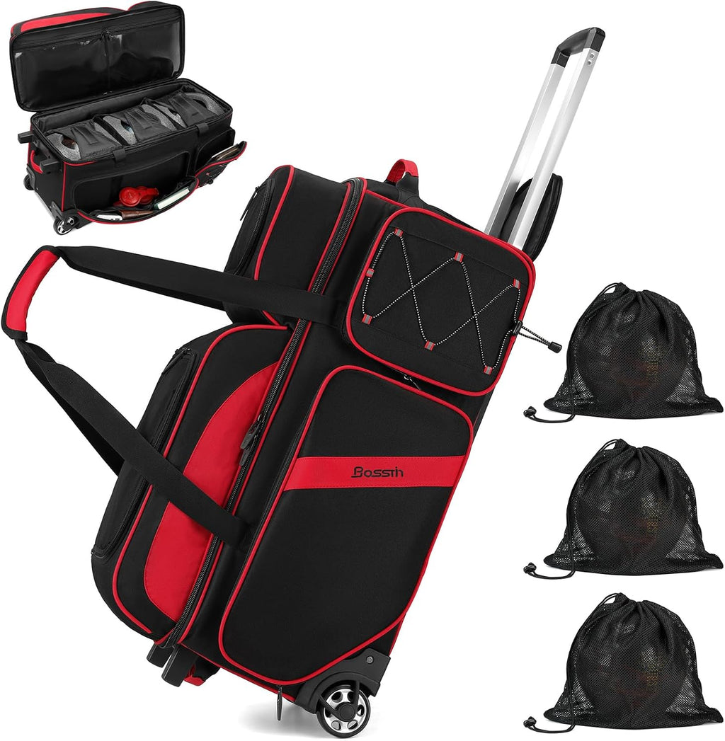 BOSSTIN 3 Ball Bowling Bags with Wheels, Secure Adhesive Fixed Ball Cup & Shoe Compartment, Bowling Ball Bag 3 Ball Roller with Multi-Pockets