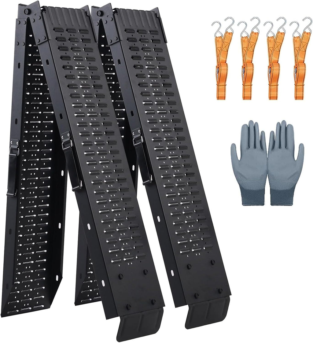 72.5" Heavy Duty Folding Loading Ramps with Sandblasted Finish, 1500lb Capacity, Ideal for Motorcycles, Lawn Mowers, ATVs, UTVs, and More â Pack of 2 with Safety Straps and Gloves