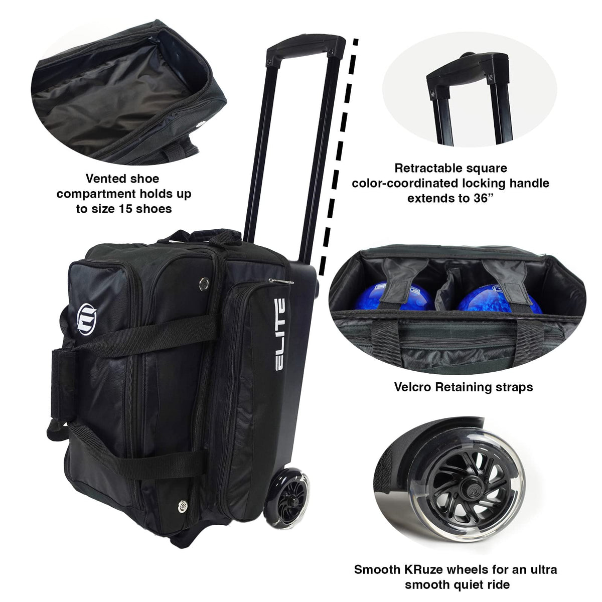 ELITE Deluxe 2 Ball Bowling Bag with 5" Smooth Wheels - Large Accessory Pocket, Shoe Compartment, 36" Extendable Handle