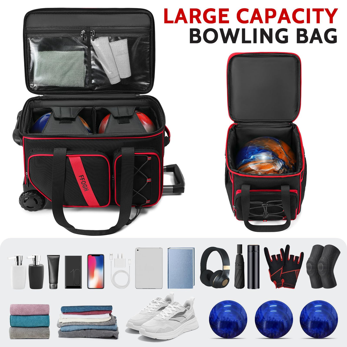 3-4 Ball Bowling Bag with Wheels, Bowling Roller with Add-on Tote Set