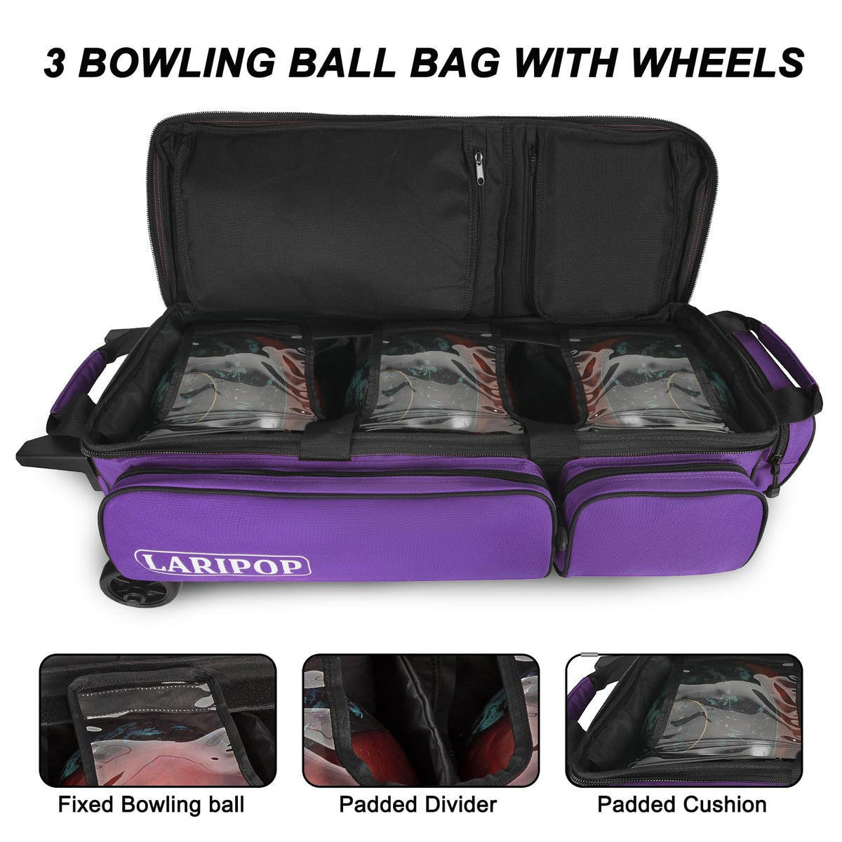 LARIPOP 3 Ball Bowling Bag with Wheels and Shoe Compartment, Rolling Bowling Bag for 3 Balls, Heavy Duty Bowling Roller Bag with Retractable Handle for Men Women