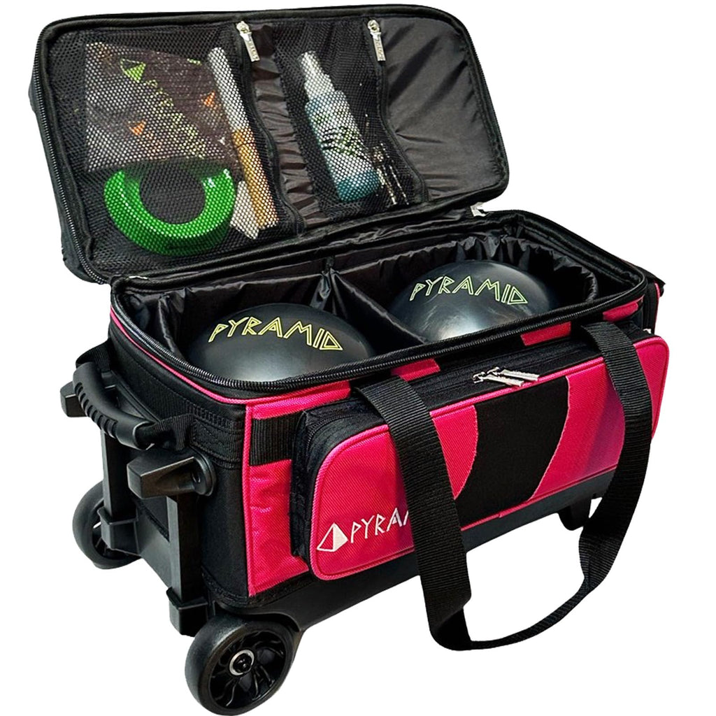 Pyramid Deluxe Double Roller 2 Ball Bowling Bag with Large Separate Shoe Compartment (Up To 2 Pairs Of Shoes) and Accessory Pockets, Sturdy Square Handle - Extends to 40" - Pro Options Available