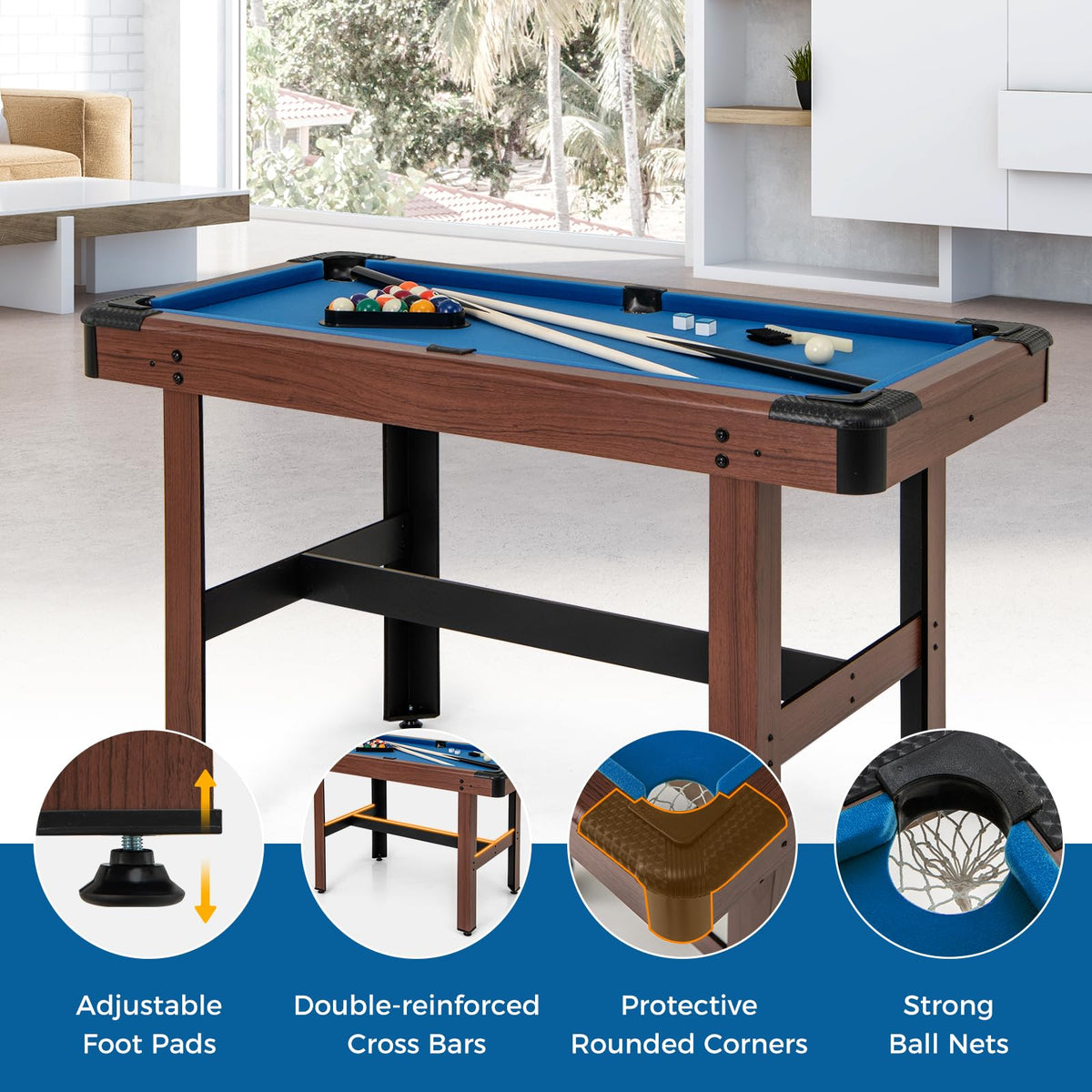 GYMAX Pool Table, 48 Inch Wooden Billiard Tables with 16 Balls, 2 Cue Sticks, 2 Chalks and Brush, Snooker Table Mini Pool Table for Kids, Family, Party
