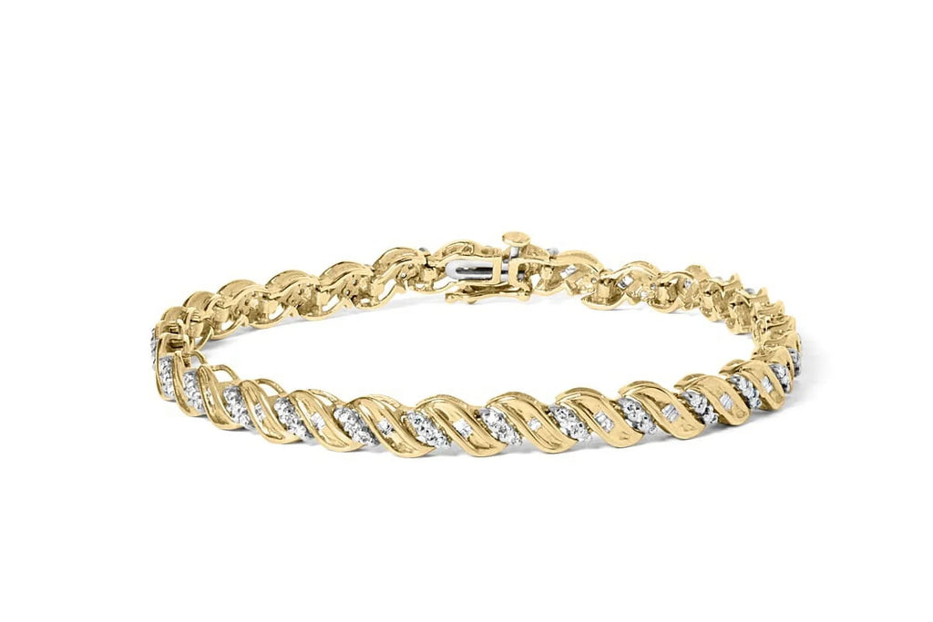 Haus of Brilliance 10k Yellow Gold 1.00 Cttw Womens Round Cut and Baguette Cut Diamond S-Link 7.25" Box Clasp Prong Bracelet (I-J Color, I2-I3 Clarity)