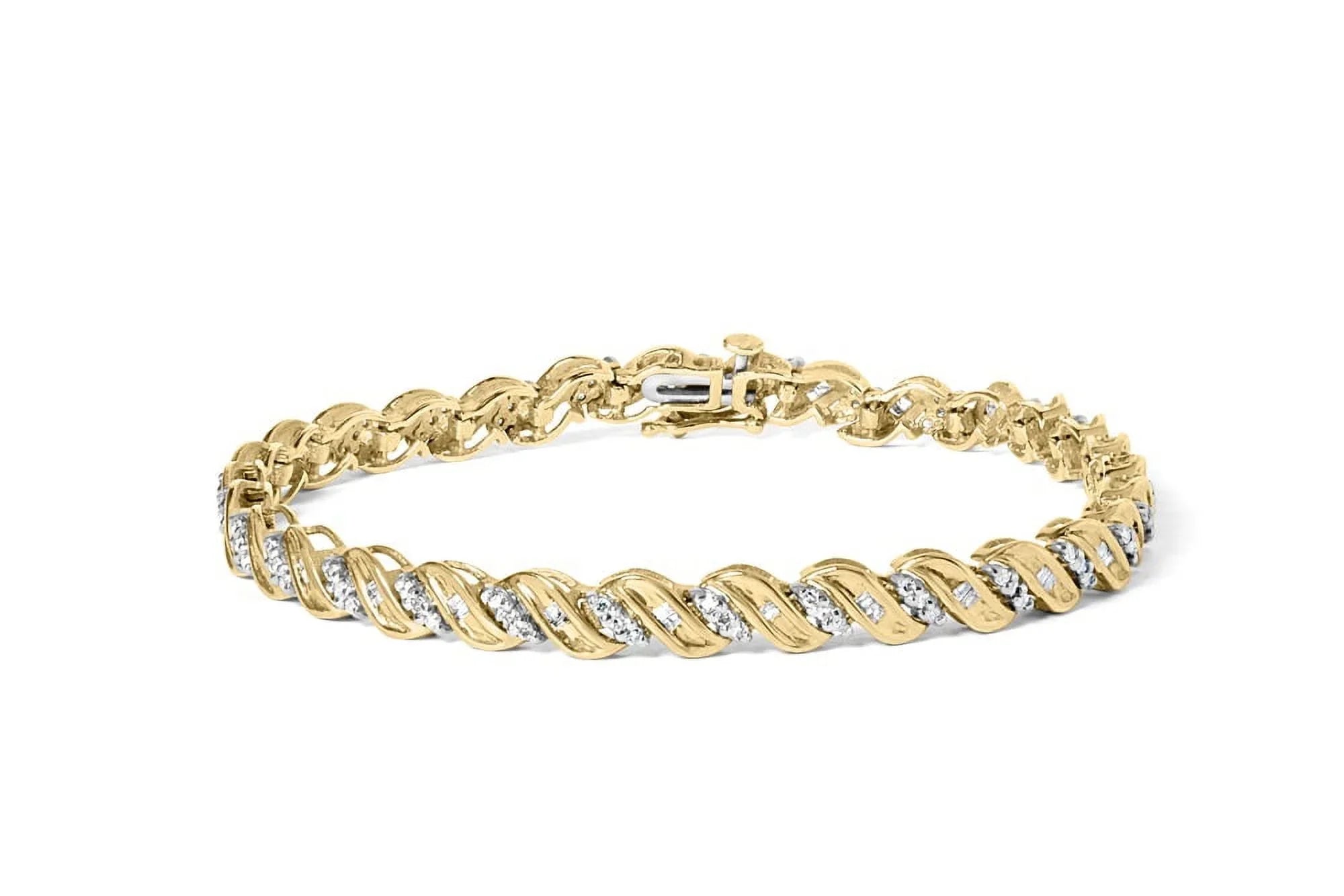 Haus of Brilliance 10k Yellow Gold 1.00 Cttw Womens Round Cut and Baguette Cut Diamond S-Link 7.25" Box Clasp Prong Bracelet (I-J Color, I2-I3 Clarity)