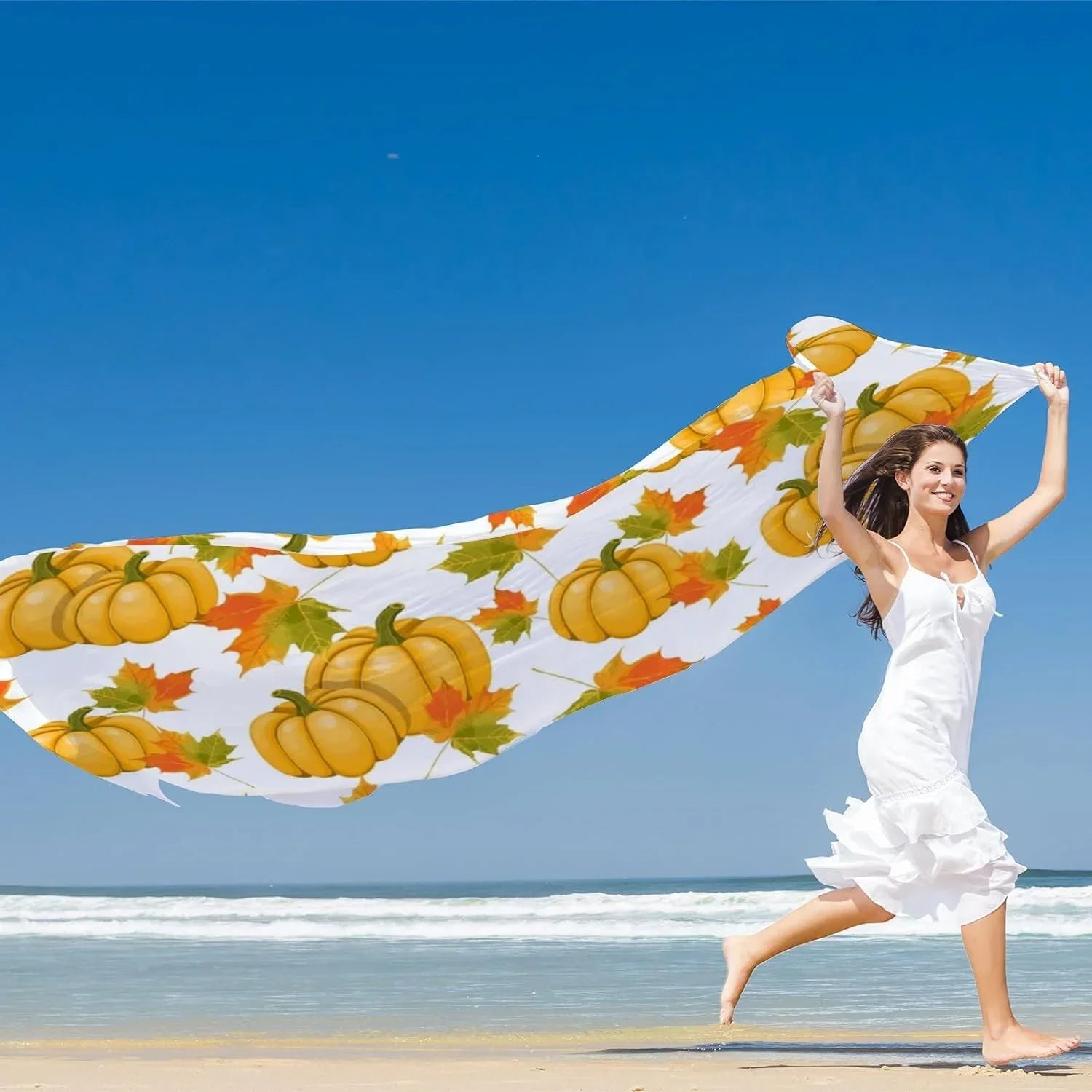 Hyjoy Pumpkins Maple Leaves Long Silk Neck Scarf Lightweight Shawl Wrap Scarves for Women Girls