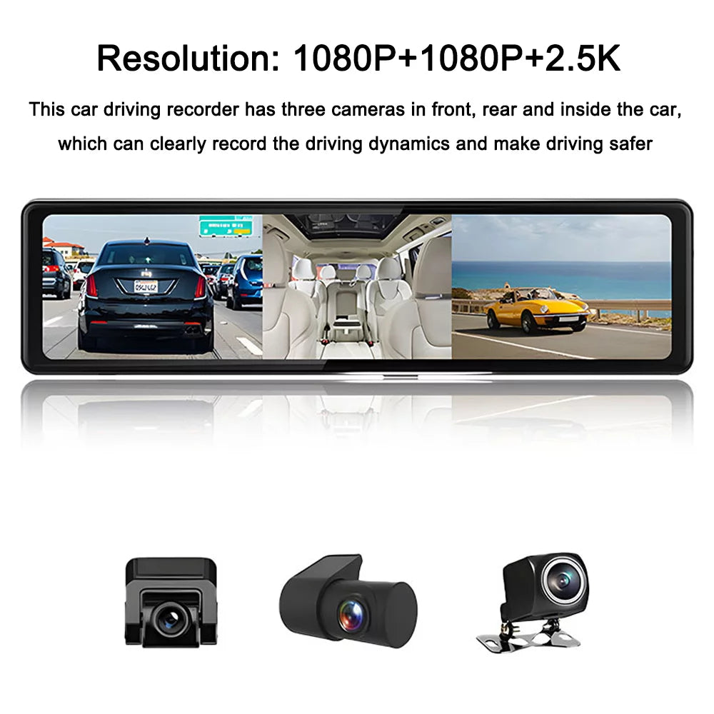 Pinnaco 3 Cameras Dash Cam 2.5K Clear Car Rearview Mirror BT Car Video Recording Camcorder Touched Screen Car Camera Recorder Auto Driving Recorder for Enhanced Safety