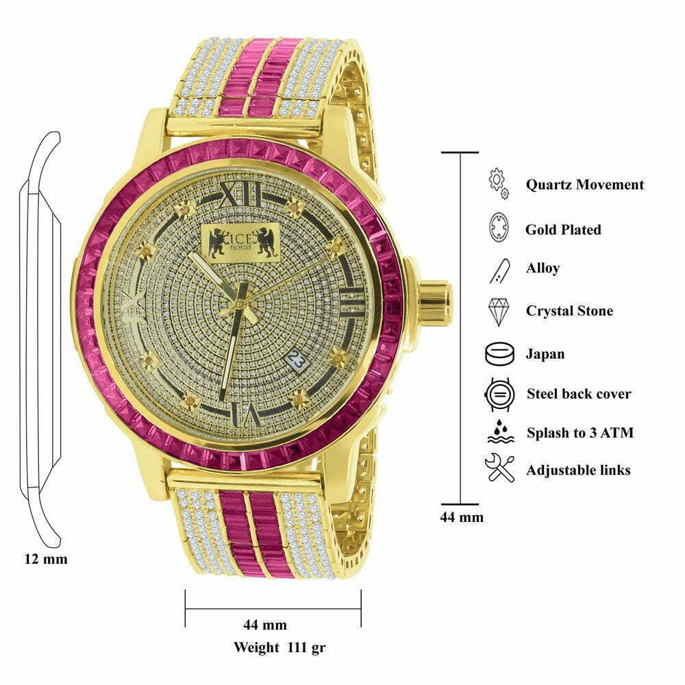 Pink Tourmaline Mens Real Diamond Dial Stainless Steel Custom Bezel Gold Tone Watch