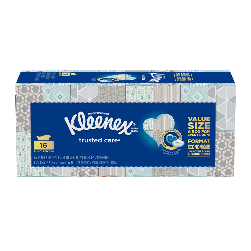 Kleenex Trusted Care Everyday Facial Tissues, 100 Tissues per Flat Box, 16 Pack (1,600 Tissues Total)