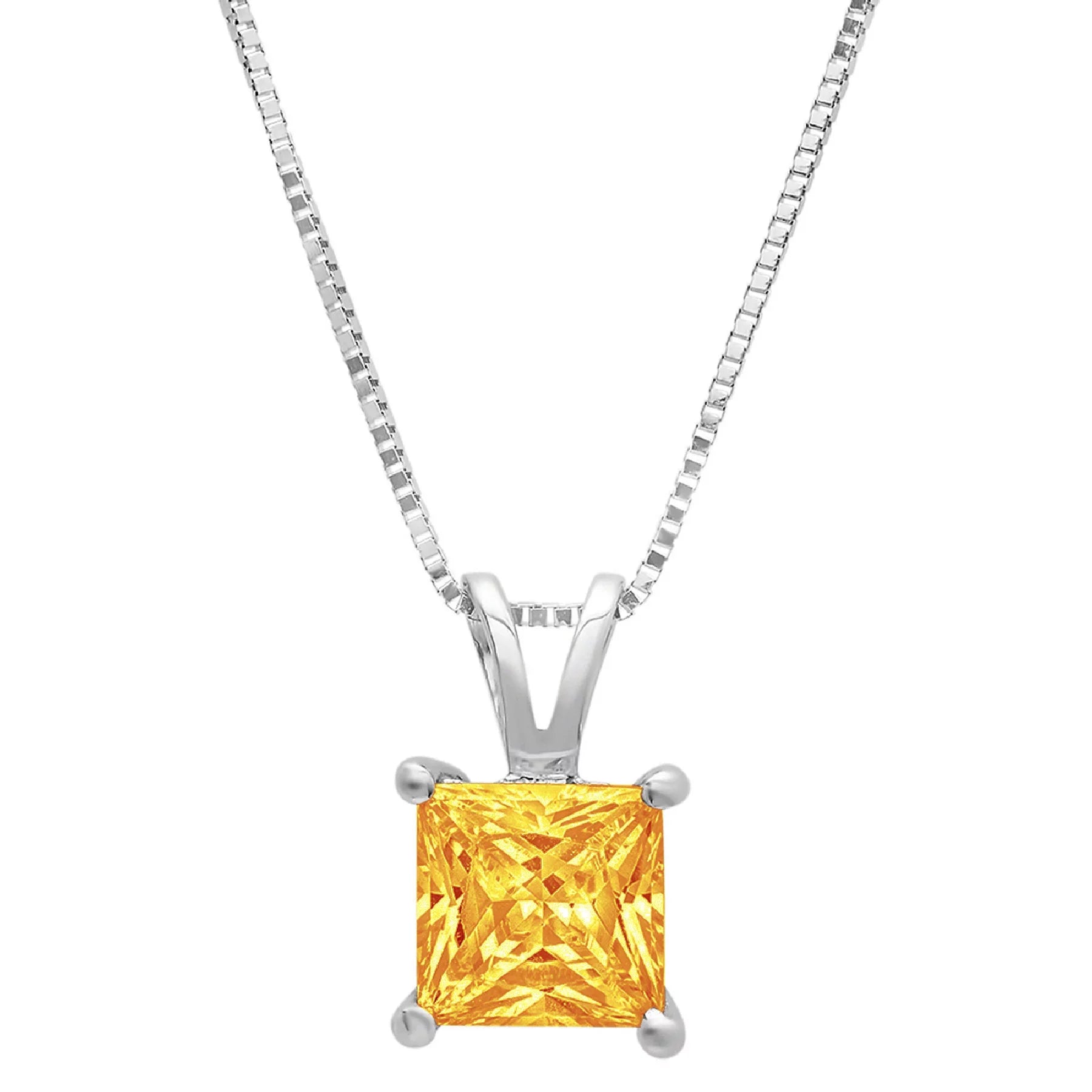 Clara Pucci Yellow,Large White Gold 3Ct Natural Citrine Princess Cut Solitaire Pendant Necklace For November