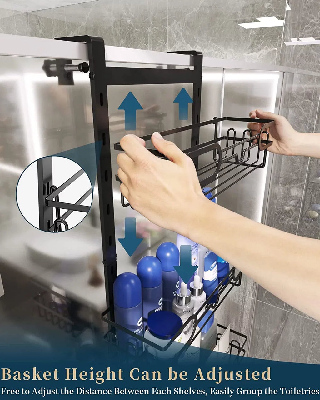 Consumest 4 Tier Over The Door Shower Caddy Shelf with Soap Holder, Adjustable Hanging Shower Organizer with 4 Hooks & 2 Suction Cups, Rustproof Stainless Steel Hanging Shower Caddy for Bathroom
