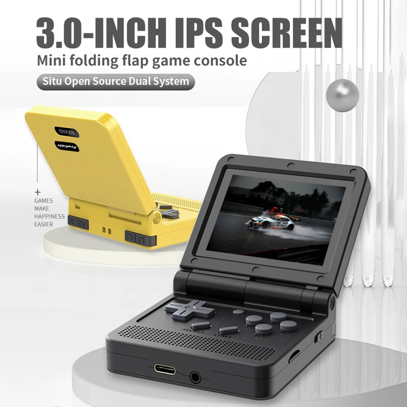 Powkiddy Handheld Game Console, 3.0-inch IPS Screen, Mini Folding Flap Design, 15 Emulators, Rechargeable and Portable for Endless Gaming