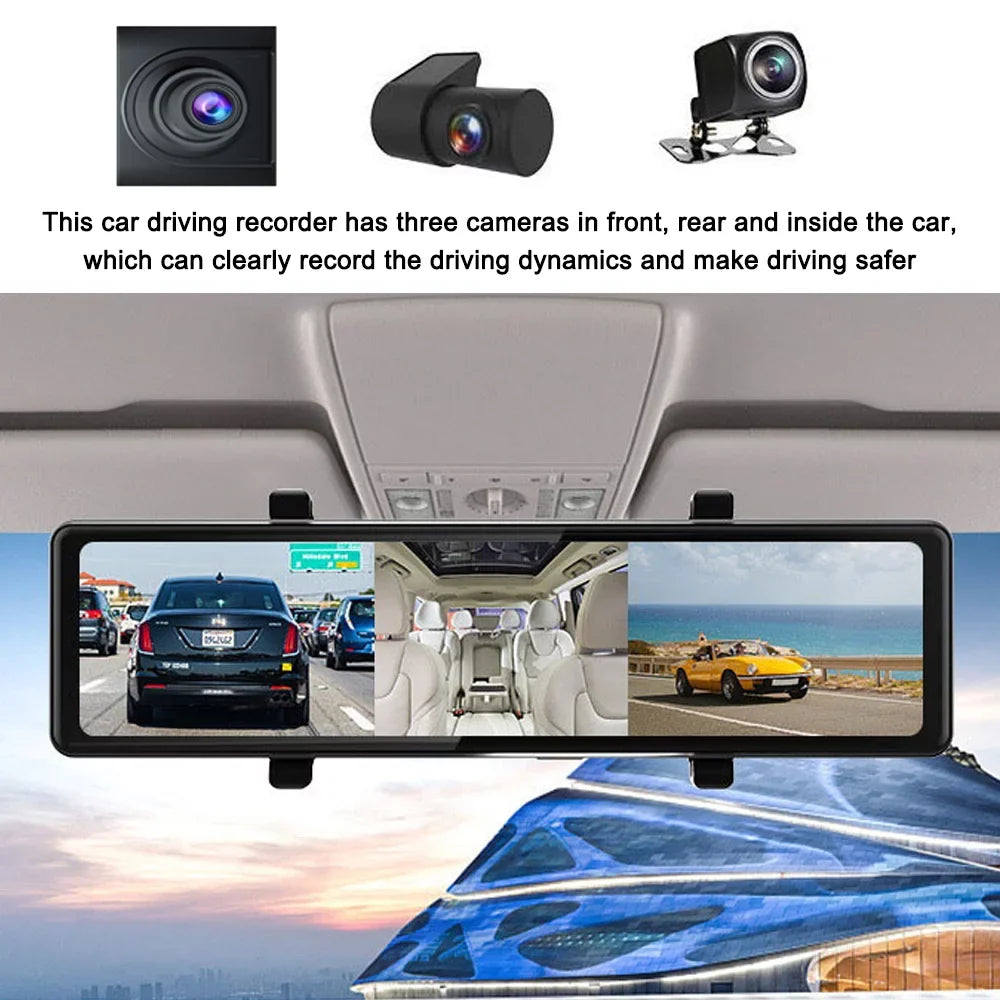 Pinnaco 3 Cameras Dash Cam 2.5K Clear Car Rearview Mirror BT Car Video Recording Camcorder Touched Screen Car Camera Recorder Auto Driving Recorder for Enhanced Safety