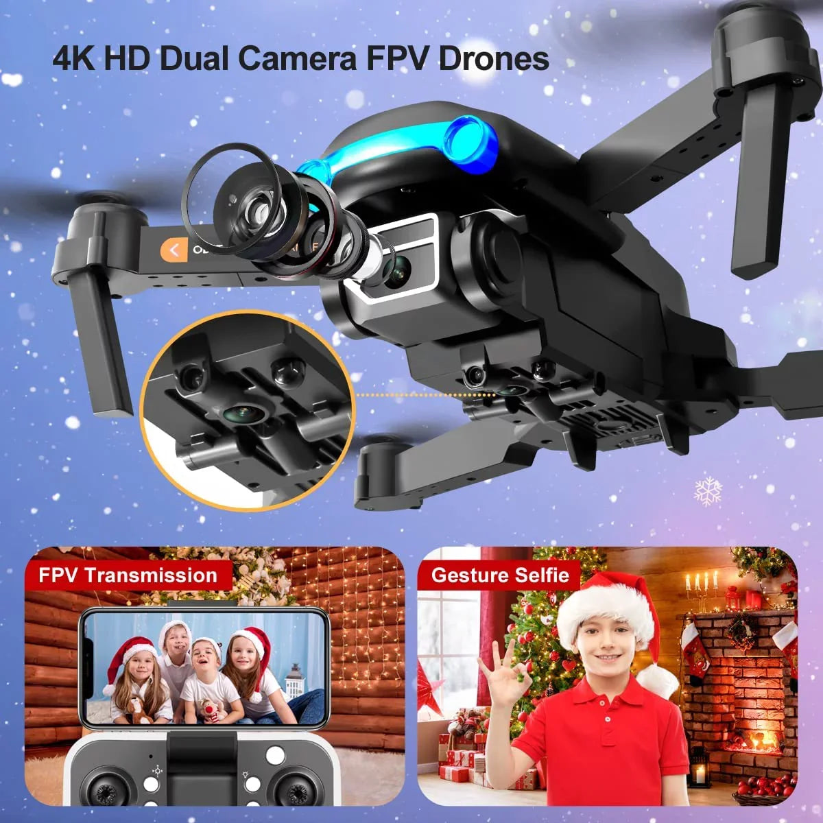 Drone with Camera for Adults Kids Beginners,Mini FPV Drones with 4K HD Dual Camera,Foldable RC Quadcopter Drone, One Key Take Off/Landing with 3 Batteries RC Toys Gifts for Kids and Adults (Black)