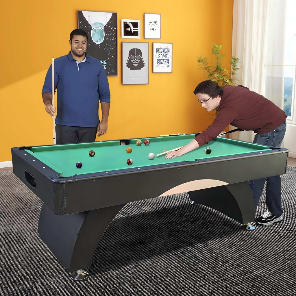 7FT Pool Table with Automatic Ball Return, Modern Arched-Leg Billiards Table with Durable Matte-Black Finish and Complete Accessories for Family Game Room & Recreation Space