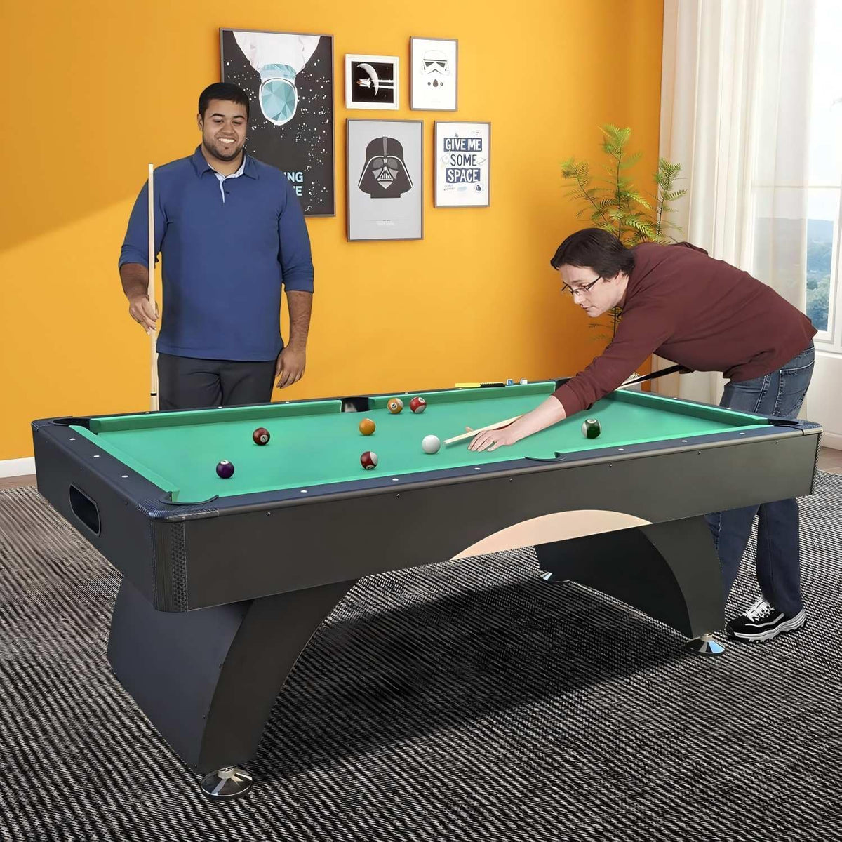 7FT Pool Table with Automatic Ball Return, Modern Arched-Leg Billiards Table with Durable Matte-Black Finish and Complete Accessories for Family Game Room & Recreation Space