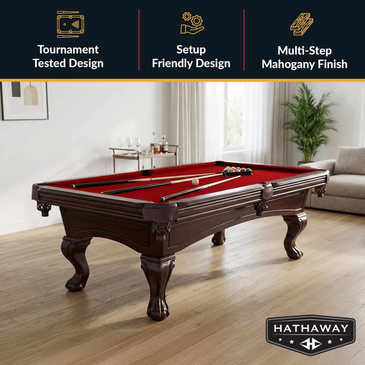 Hathaway Augusta 8 Ft Furniture Pool Table â Includes Cue Sticks, Billiard Balls â Classic Design Perfect for Family, Home, Dining, or Living Room