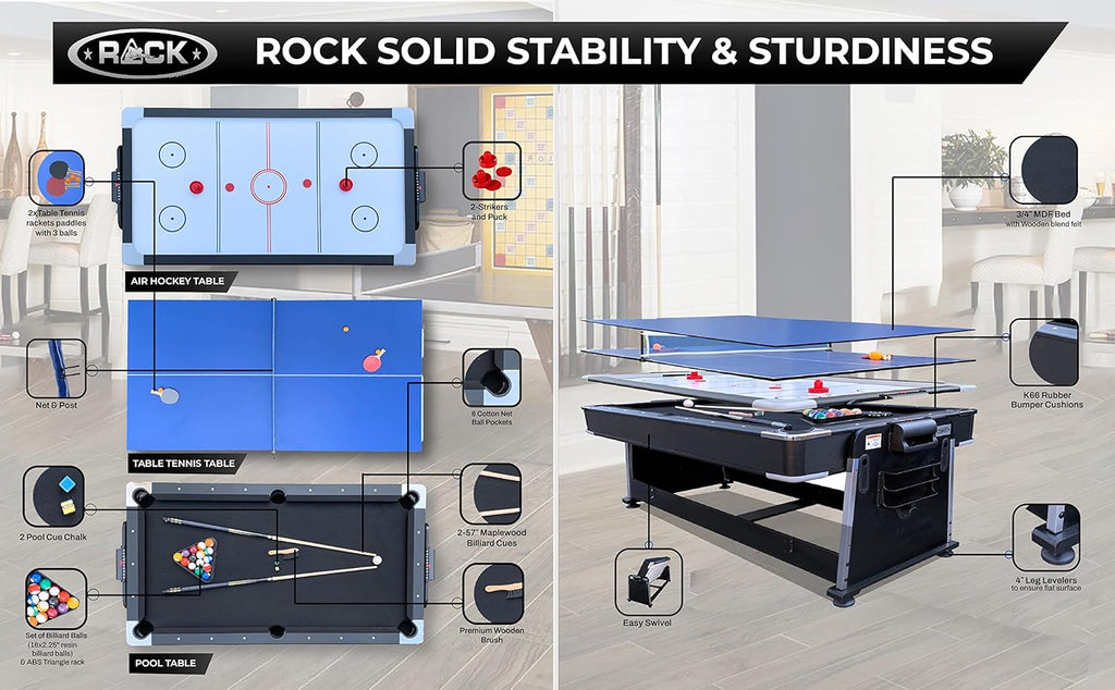 RACK Triad 7-Foot 3-in-1 Multi-Game Swivel Table - Billiards/Pool, Table Tennis & Air Hockey