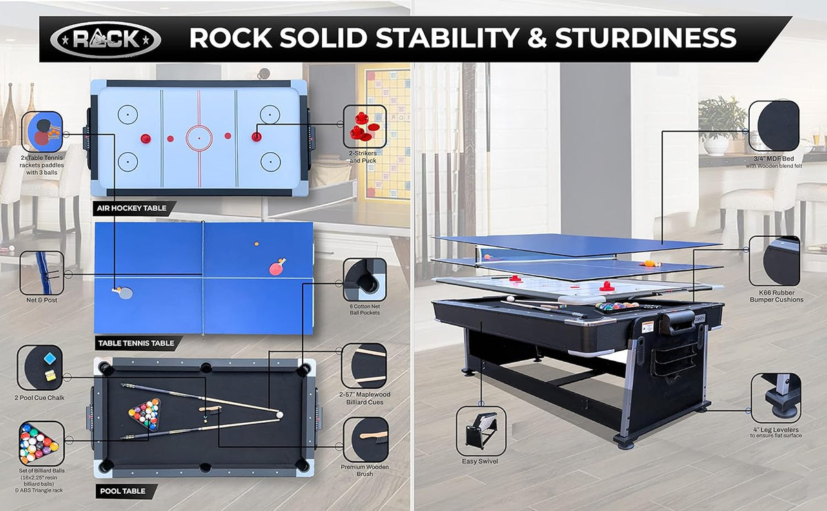 RACK Triad 7-Foot 3-in-1 Multi-Game Swivel Table - Billiards/Pool, Table Tennis & Air Hockey