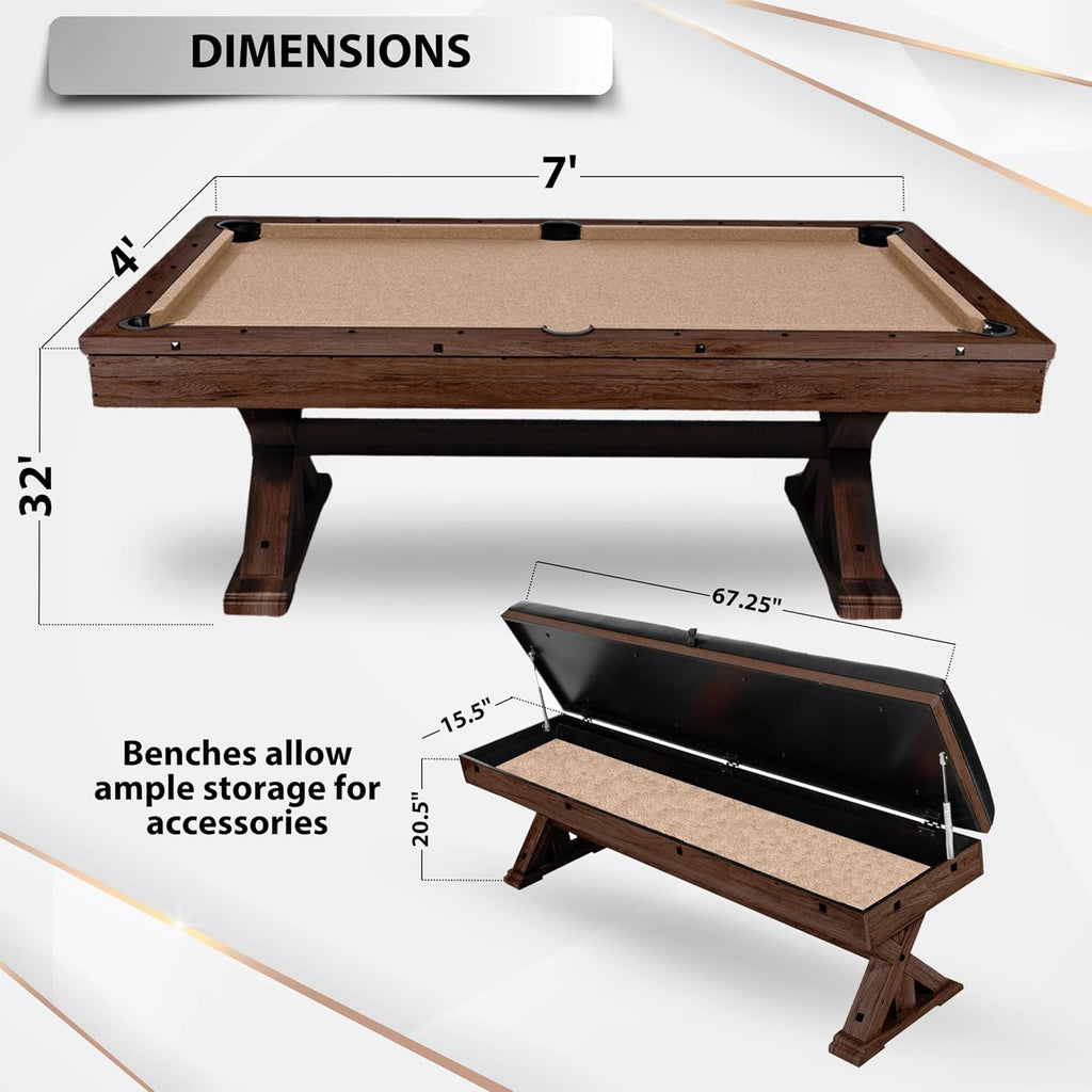 7-Foot 3-in-1 Multi-Game Pool Table, Table Tennis, Dining Top, with Benches