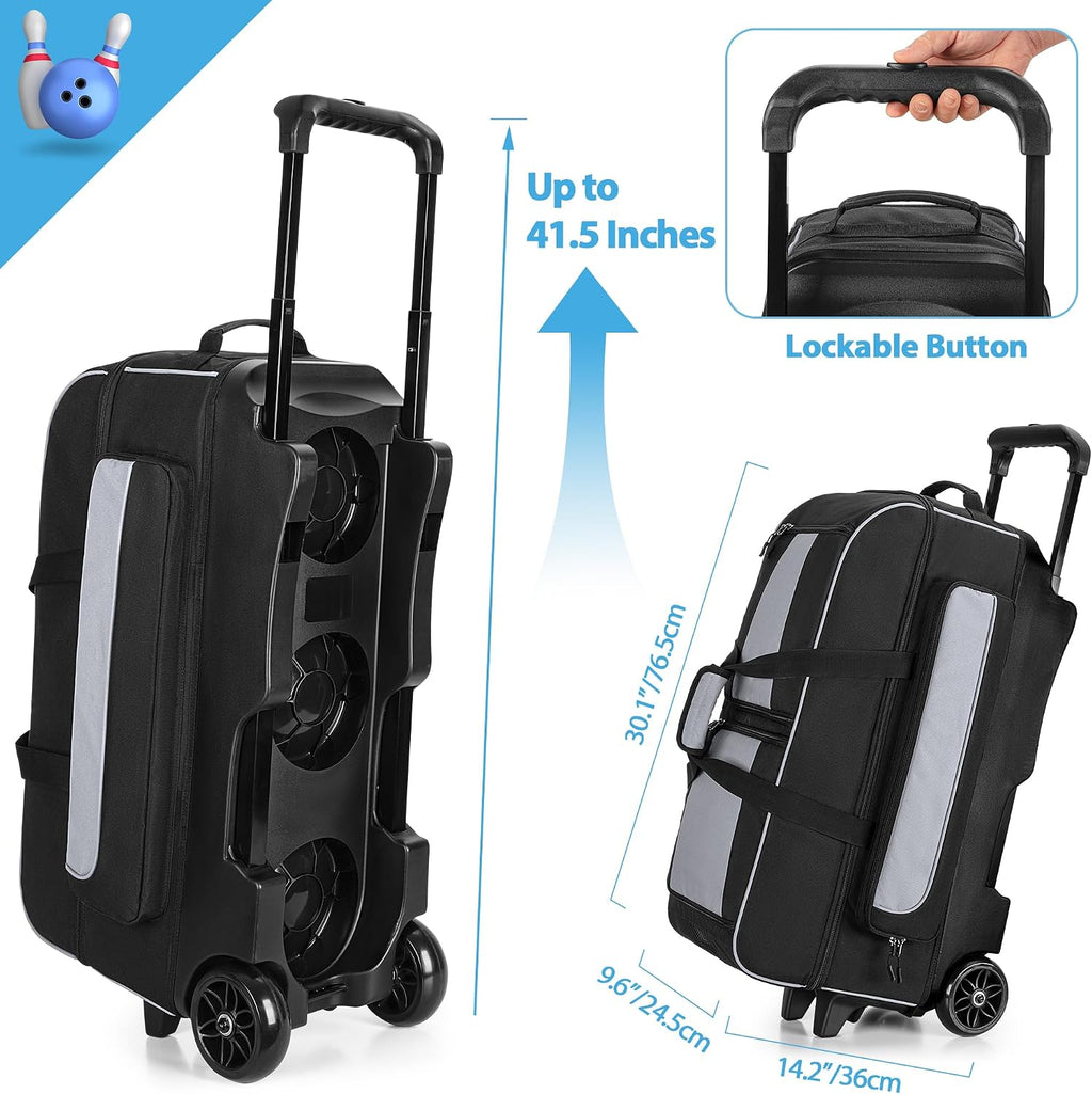GOBUROS 3 Ball Roller Bowling Bag with Large Wheels and Shoes Compartment