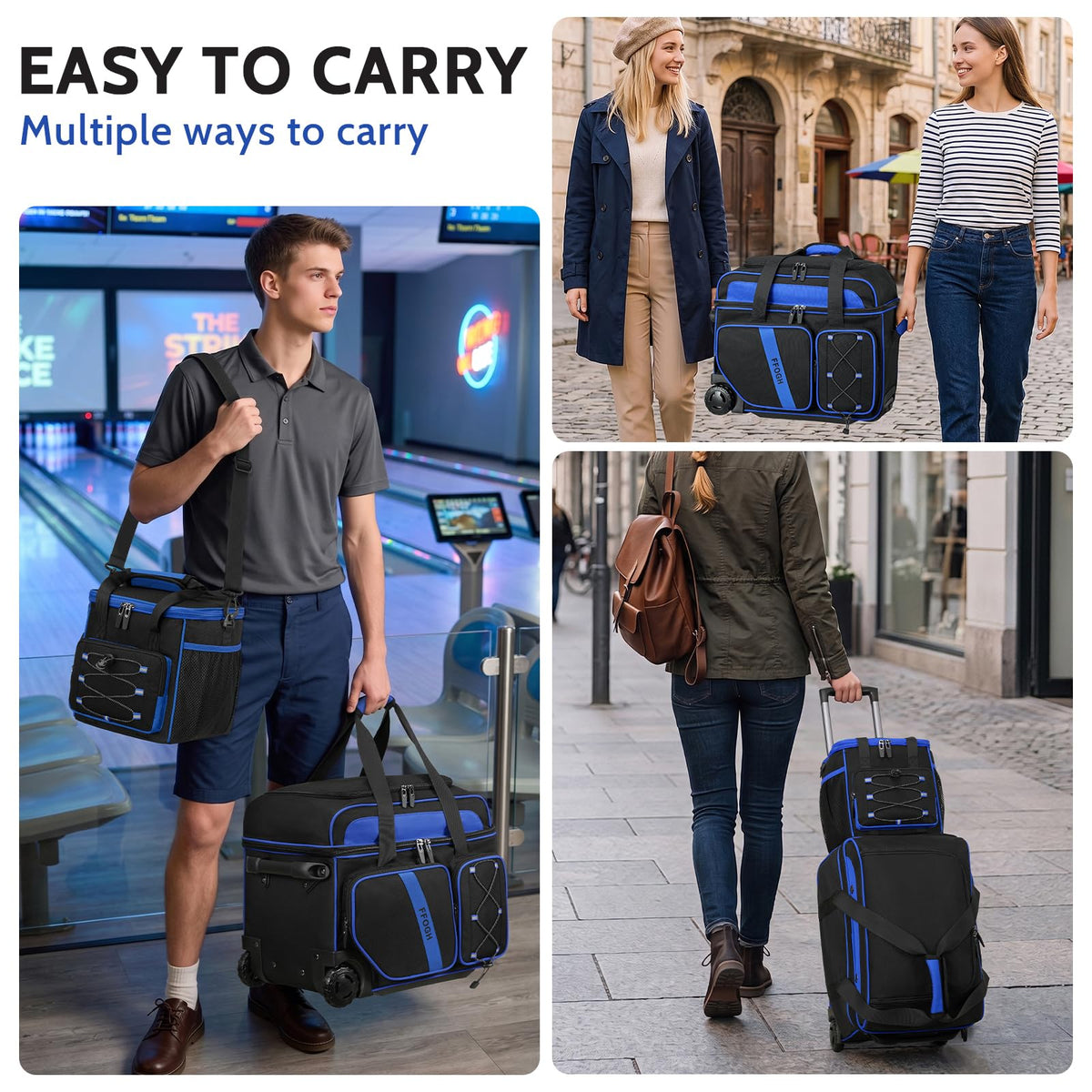3-4 Ball Bowling Bag with Wheels, Bowling Roller with Add-on Tote Set