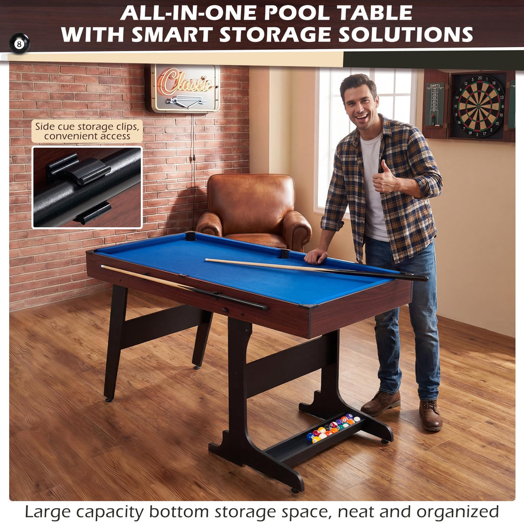 53 Inch Folding Pool Table with Built-in Ball Storage and Cue Clips, Freestanding Billiard Game Table Set for Family Game Room, Includes Cues, Balls, Chalk and Brush