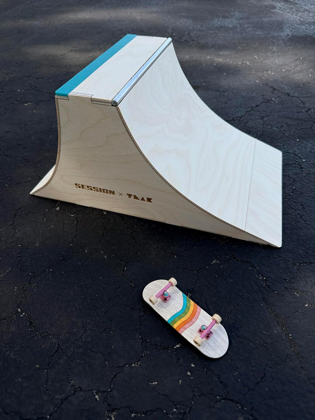 Teak Tuning x Session The Wall XL Double Quarter Pipe with Wall Ride, Fingerboard Obstacle Made of Baltic Birch Wood, Aluminum Coping, Custom Matte Acrylic, Teal, 12.75 x 7.88 x 6 inches