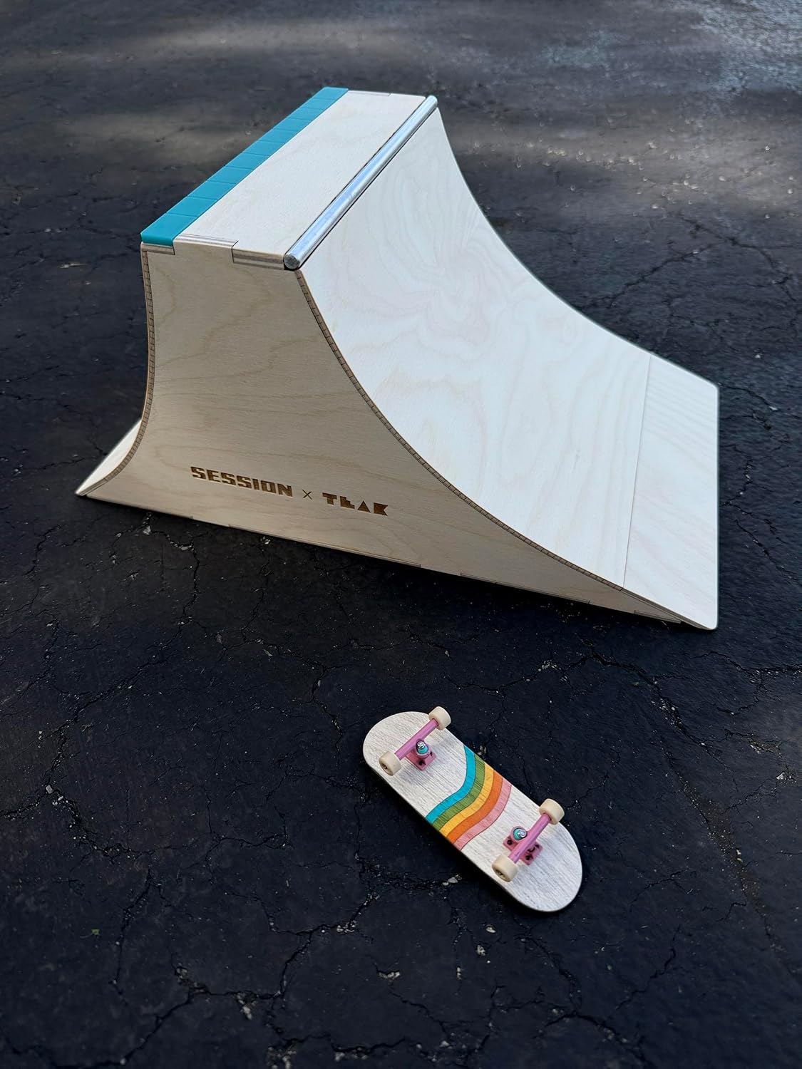 Teak Tuning x Session The Wall XL Double Quarter Pipe with Wall Ride, Fingerboard Obstacle Made of Baltic Birch Wood, Aluminum Coping, Custom Matte Acrylic, Teal, 12.75 x 7.88 x 6 inches